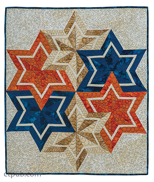 The Magic Add-a-Strip Quilts Digital Download by C&T Publishing showcases interlocking six-pointed stars in red, blue, and beige with detailed quilting and swirling cream backgrounds—a stunning geometric quilt design.