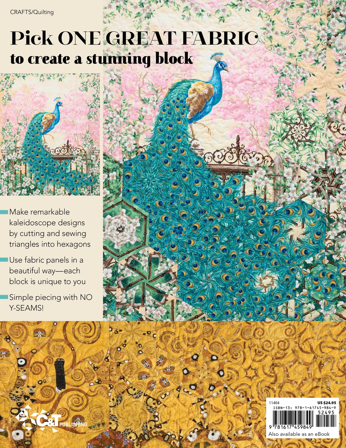 The C&T Publishing One-Block Wonder Panel Quilts Digital Download features a vibrant peacock in a garden, decorative fabric panels, and tips for creating unique kaleidoscope quilts and One-Block Wonder projects.