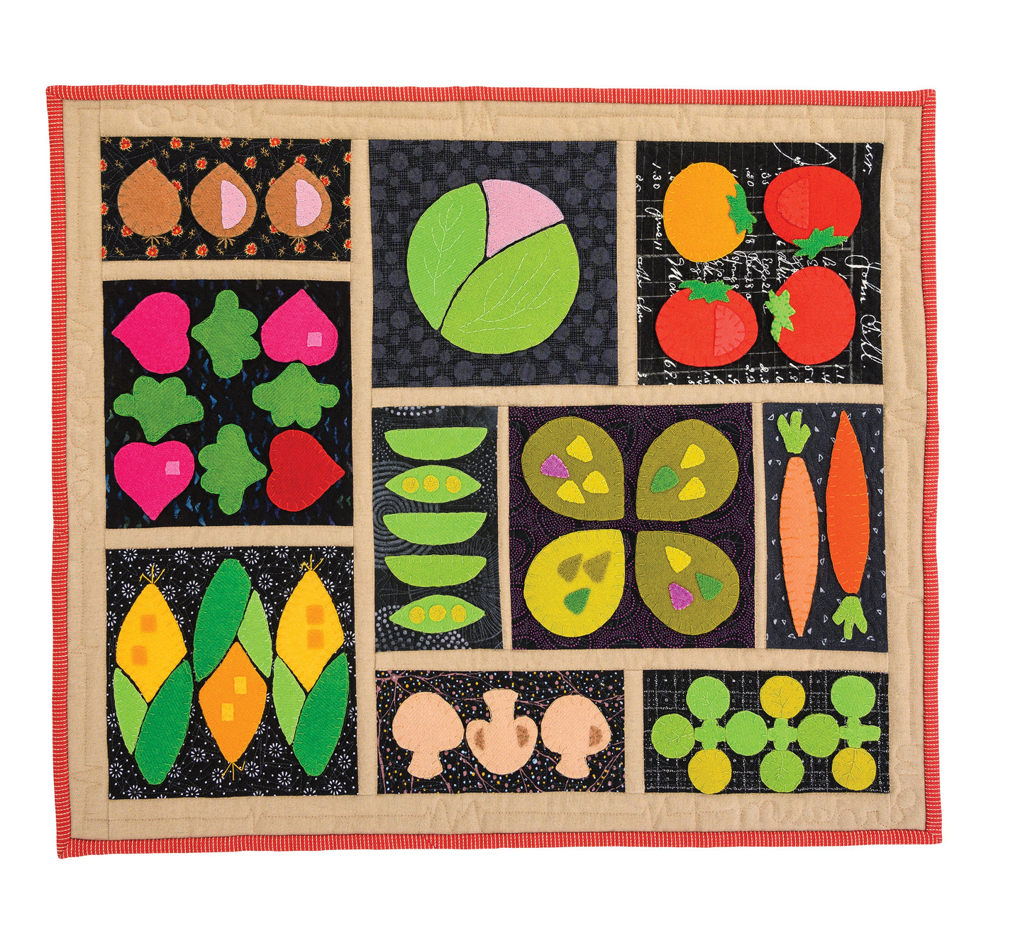 The Modern Wool Digital Download by Stash Books features wool appliqué vegetable designs—tomatoes, carrots, mushrooms, peas, beets, lettuce, and squash—in panels with a red border; perfect for beginner-friendly modern quilt projects.