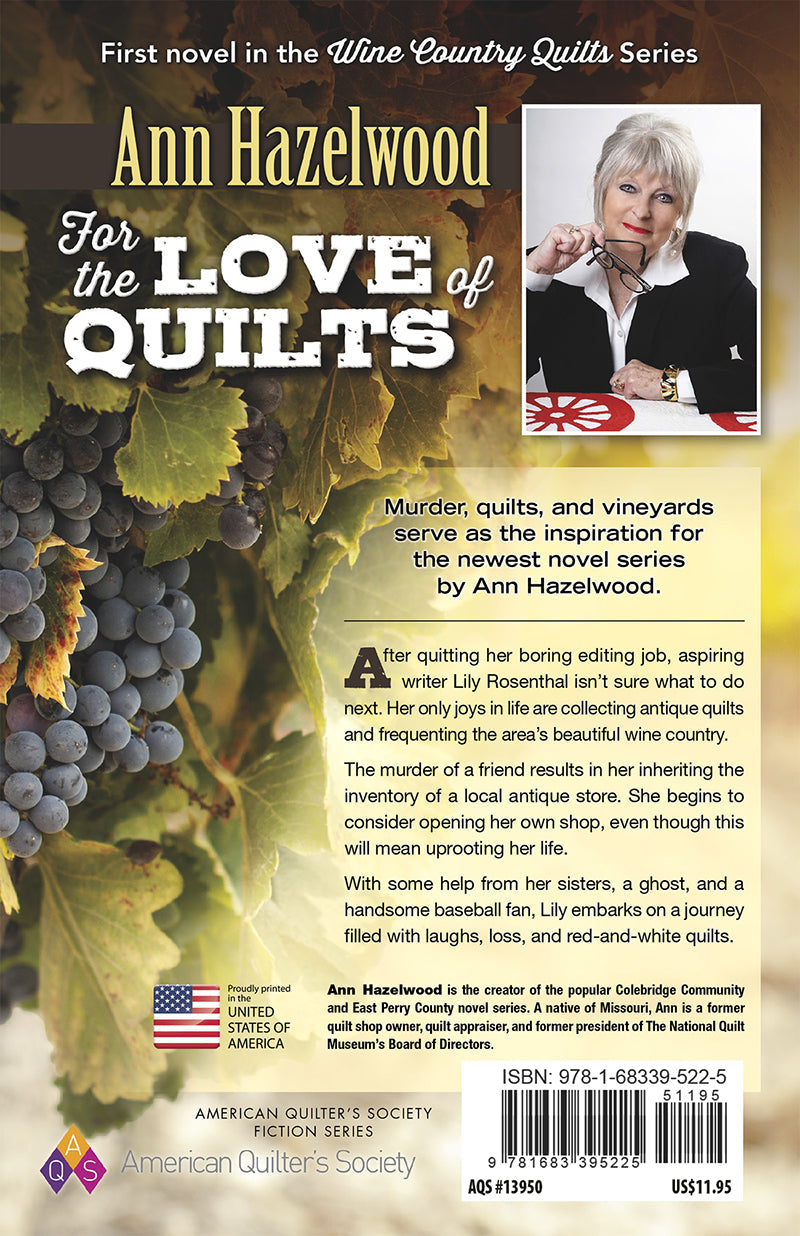 The For the Love of Quilts Digital Download by C&T Publishing features a cover with a blond woman, pencil, grape clusters, and wine leaves, highlighting its plot of quilts, murder mysteries, antique quilts, and vineyards.
