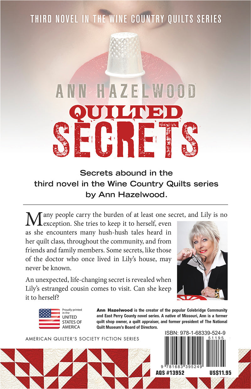 The Quilted Secrets Digital Download from C&T Publishing features a red and white quilted thimble, pink text, Ann Hazelwood’s smiling photo, and a synopsis about Lily uncovering secrets in the Wine Country Quilts Series.
