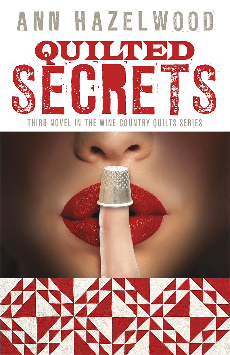 Quilted Secrets Digital Download by C&T Publishing features red lips and a finger with a sewing thimble in a shushing pose above a red and white quilt pattern.