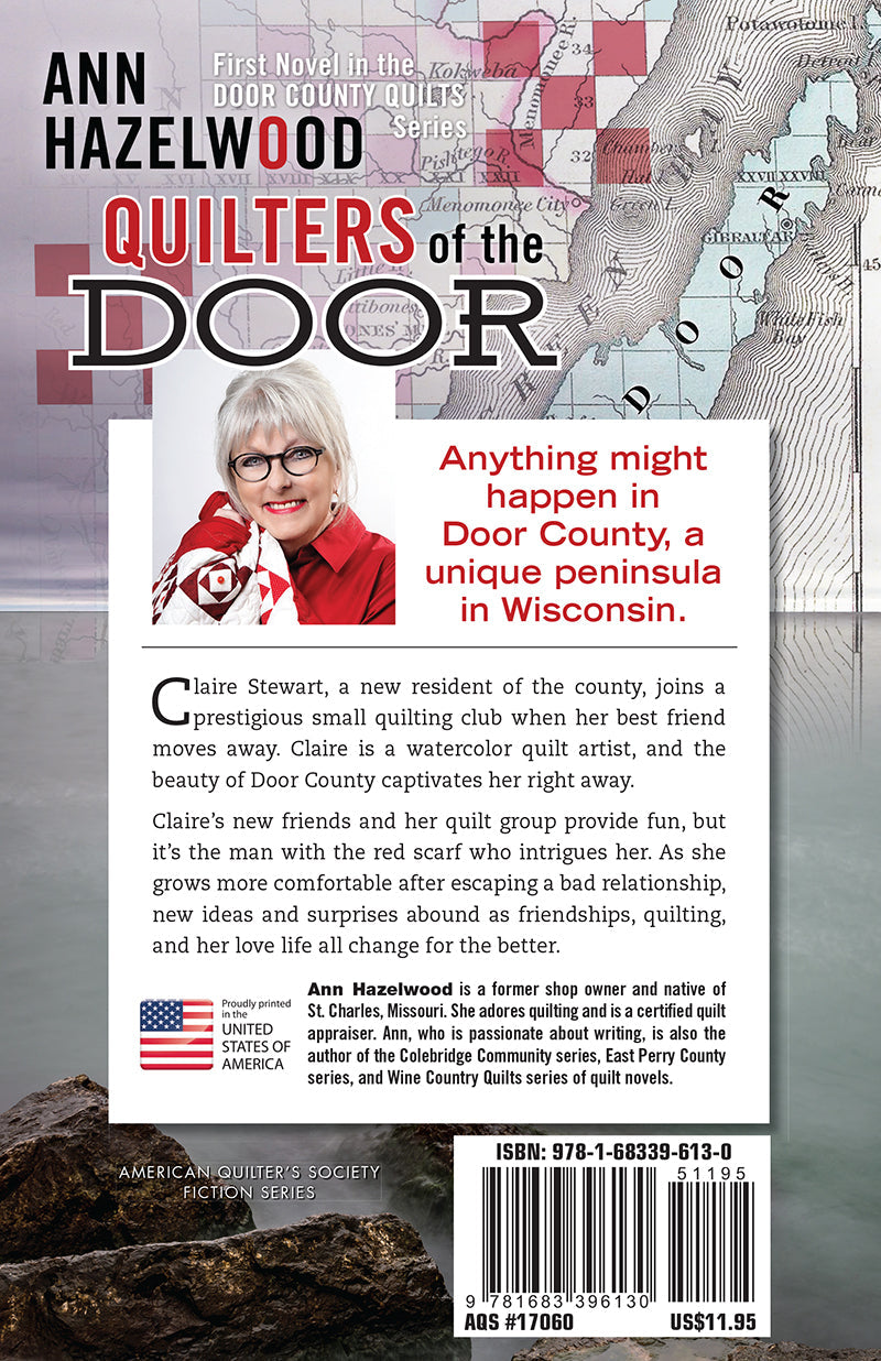 Back cover of Quilters of the Door Digital Download by C&T Publishing features a smiling older woman with glasses, a red background, a Door County Quilt quote, and a synopsis on quilting and new beginnings in this beloved series.