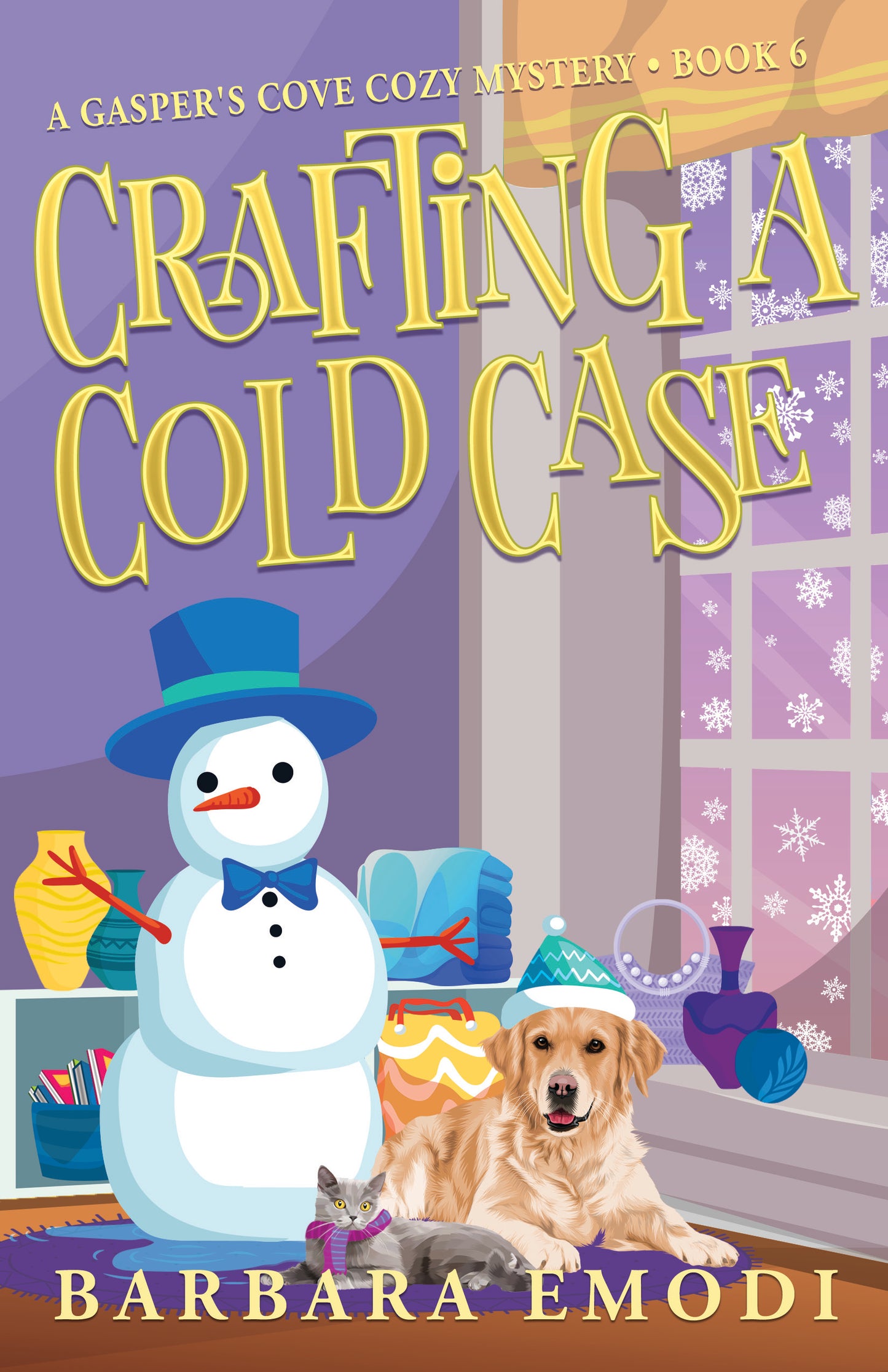 The illustrated cover of "Crafting a Cold Case" from C&T Publishing features a snowman, a scarf-clad golden retriever, and a gray cat by a snowy window in Nova Scotia, capturing the book’s cozy winter mystery vibe.