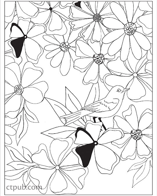The Boho Designs Coloring Digital Download by FunStitch Studio features a line drawing of a bird among blooming flowers with contrast petals—ideal for creative projects or adding color inspiration to your coloring book.