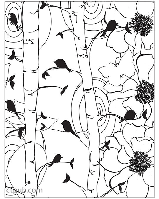 Boho Designs Coloring Digital Download by FunStitch Studio features a black-and-white line drawing with birch trees, perched birds, large flowers, swirling patterns, and a butterfly—ideal for coloring book fans who enjoy abstract, decorative art.