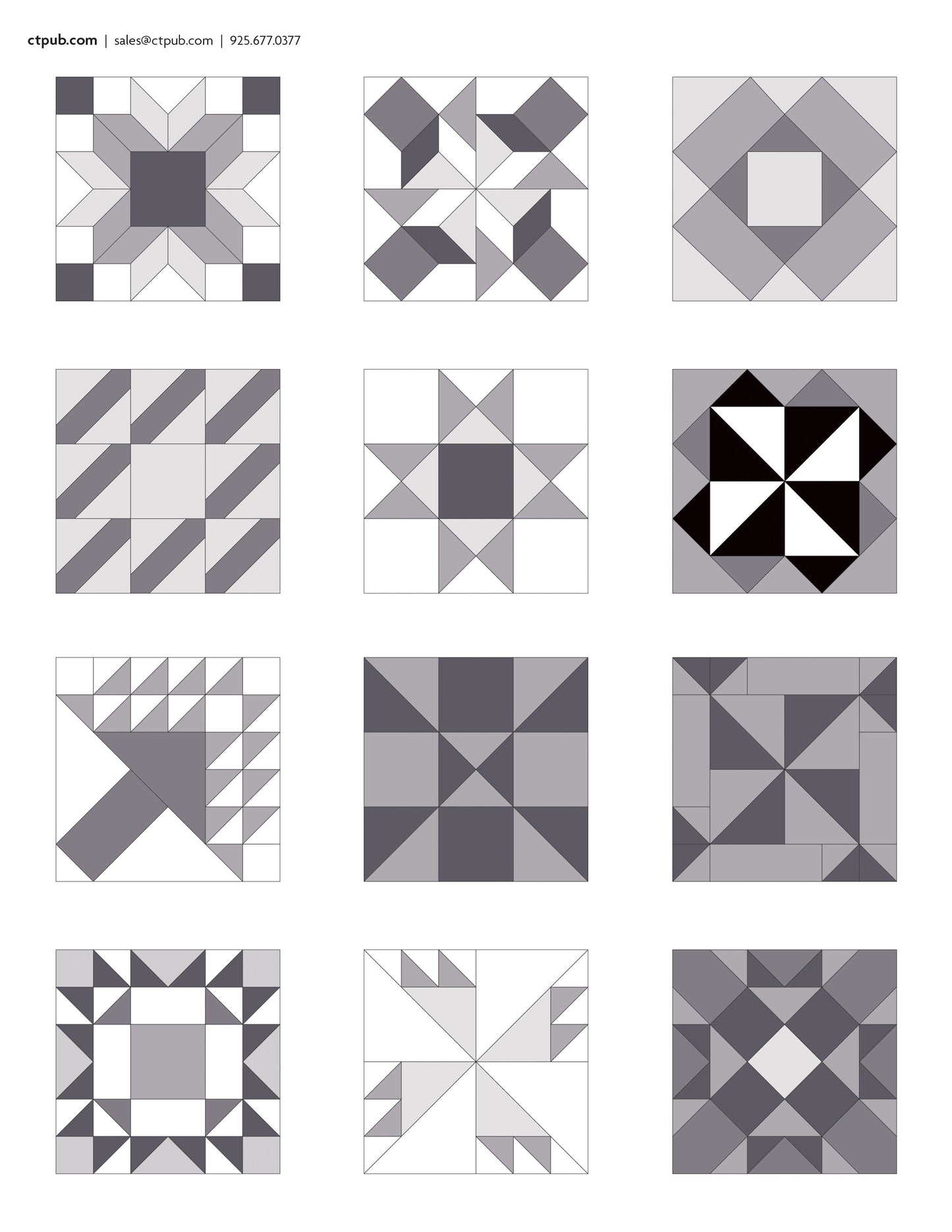 Quilt Builder Card Deck Set #3 from C&T Publishing features twelve unique geometric quilt block patterns in a 3x4 grid with shades of gray, black, and white—ideal inspiration for quilters and Quilt Builder Card Deck fans.