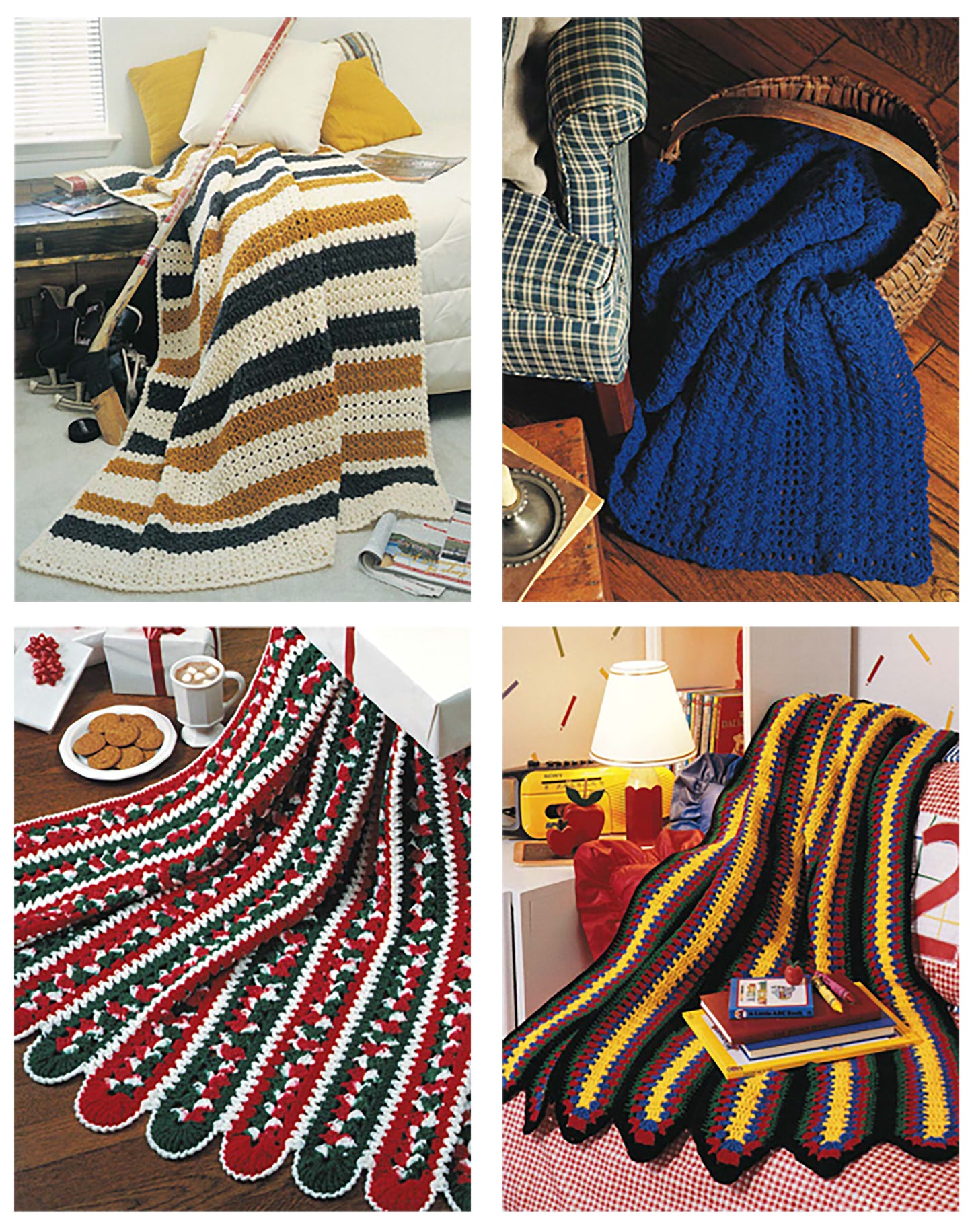 A collage shows four colorful crocheted blankets, each with stripes, scalloped edges, and bold borders. The designs use large hook crochet and afghan patterns from the Quick & Cozy Afghans Digital Download by Leisure Arts.