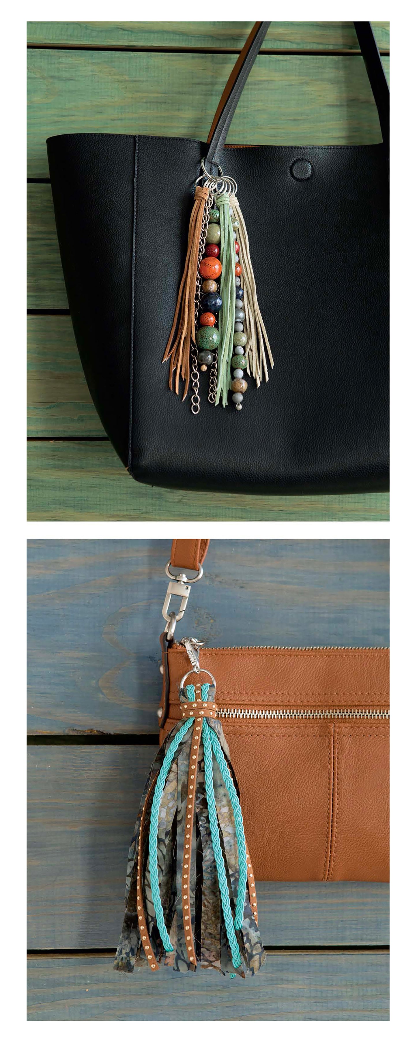 Two bags display tasseled keychains inspired by "Tasseled Jewelry—From Chains & Leather to Ribbons & Beads" by Leisure Arts: one is a black tote with leather fringe and beads; the other, a brown bag with a blue and brown tassel. Both rest on wood surfaces.