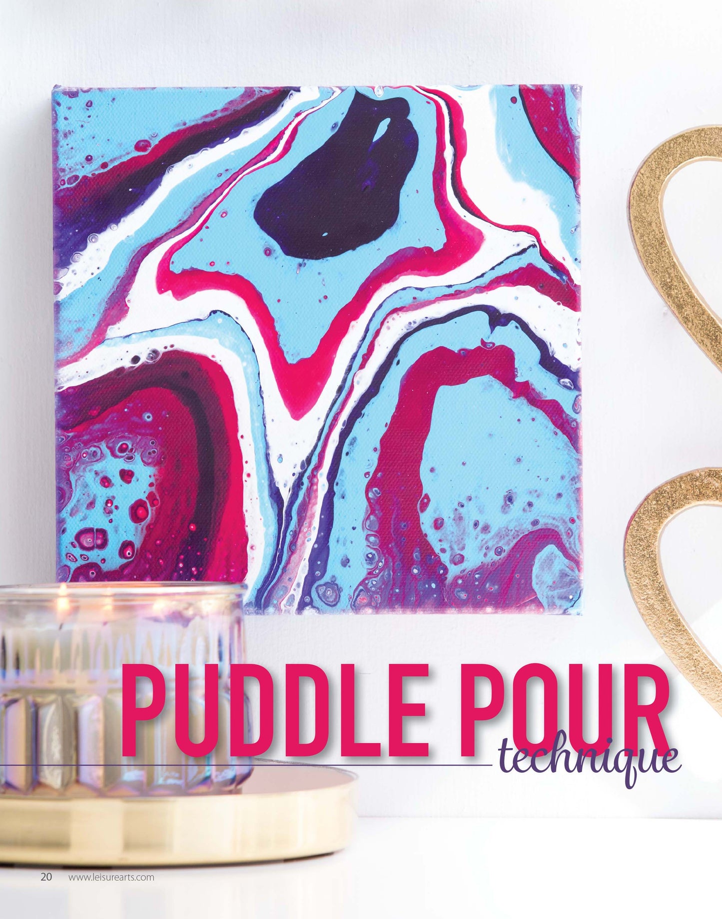 “Get Started in Paint Pouring” by Leisure Arts features beginner-friendly puddle pour techniques to create abstract art with swirling blue, purple, white, and magenta patterns—perfect for fans of modern art and painting novices.