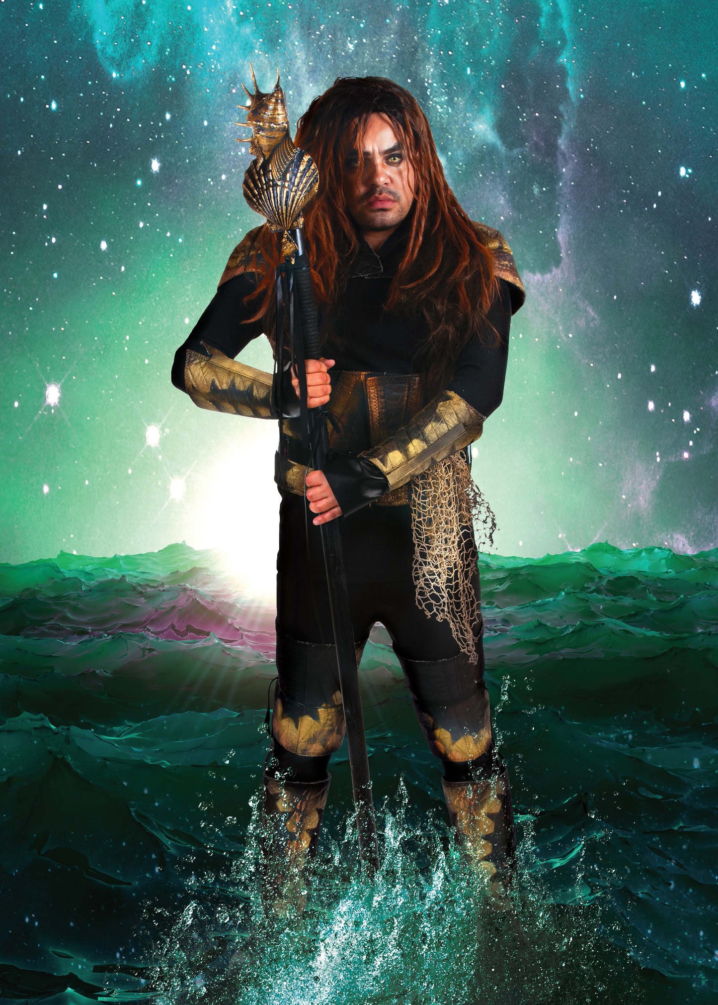 A man in a black and gold aquatic costume, crafted with low-sew techniques from the Leisure Arts Cosplay DIY Workbook, stands in the ocean holding a trident beneath a cosmic sky lit by the horizon’s glow.