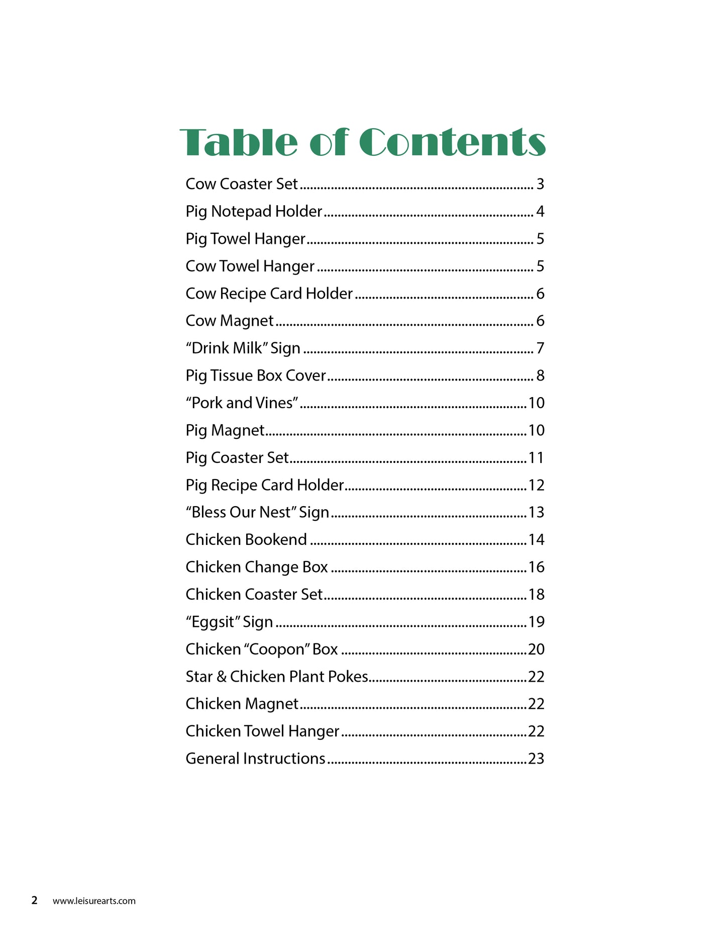 The table of contents in "Barnyard Buddies in Plastic Canvas" by Leisure Arts lists beginner-friendly plastic canvas kitchen projects like cow and pig coasters, notepad holders, towel hangers, with page numbers and general instructions.