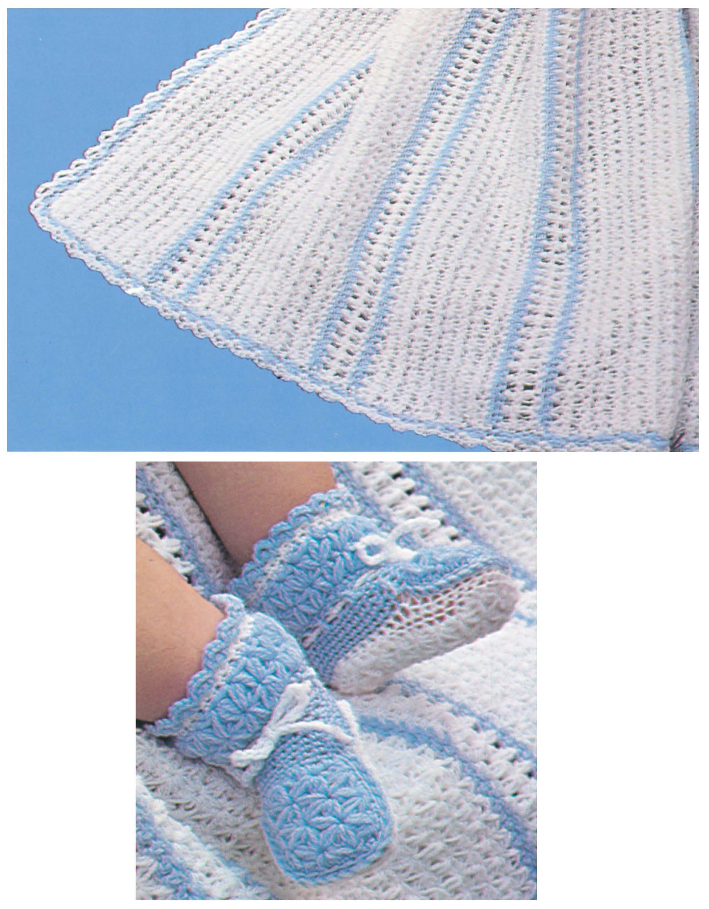 Snowflake Layette to Crochet by Leisure Arts features a white and light blue crocheted baby blanket with a delicate snowflake stitch pattern and matching booties, both shown with intricate edging around a baby’s feet.