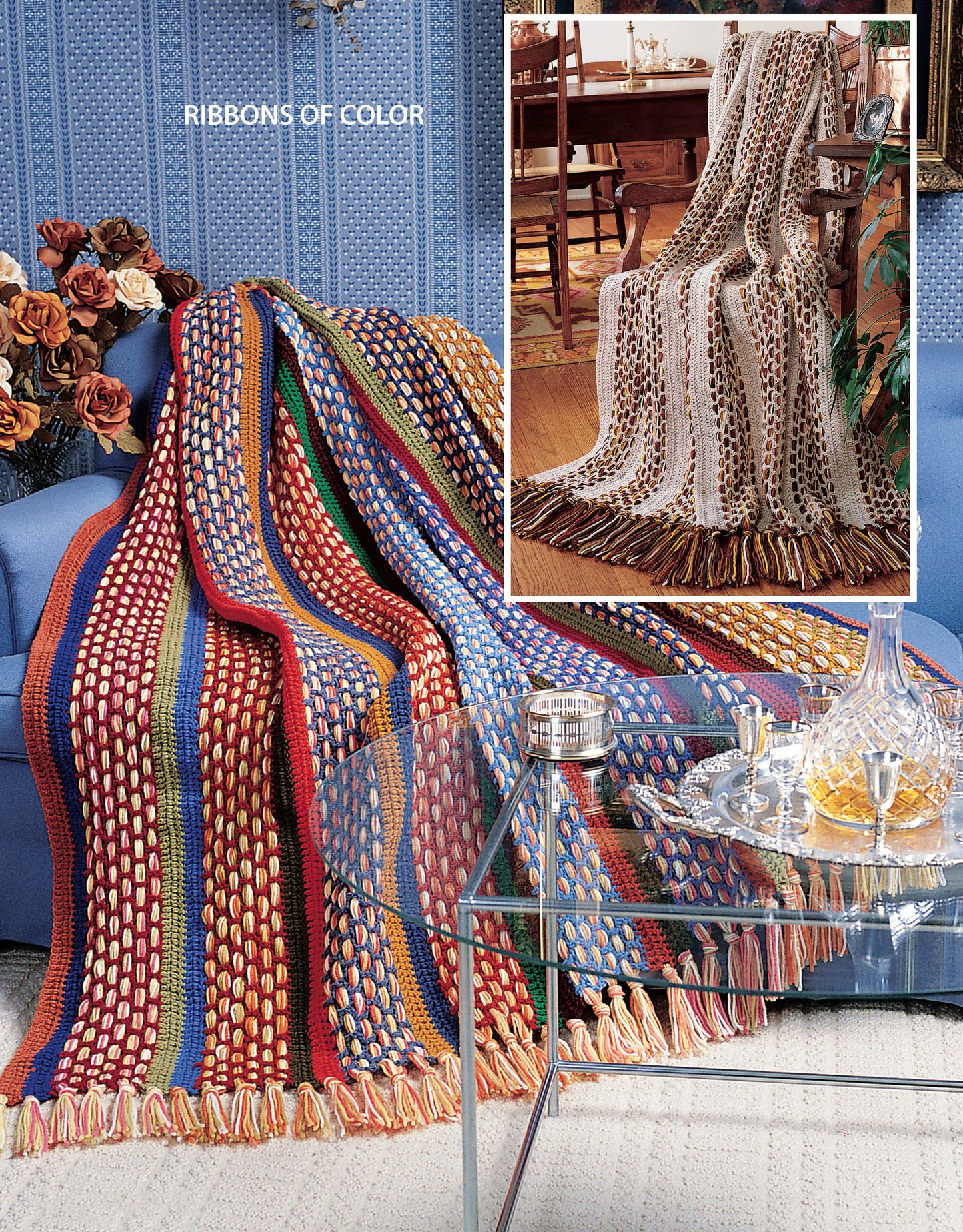 The Leisure Arts Crocheted Scraps to Beauty Afghans Digital Download showcases a vibrant striped afghan with tasseled edges on a blue sofa, plus an inset of a neutral-tone version—ideal for beginners or using leftover yarn.