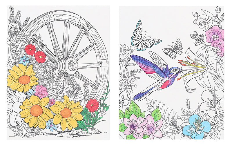 Two pages from the Blooms & Butterflies Coloring Book by Leisure Arts: one shows a wagon wheel with flowers, the other a hummingbird with butterflies among blooms. Great for beginners and inspired by 80 Designs for Relaxation.