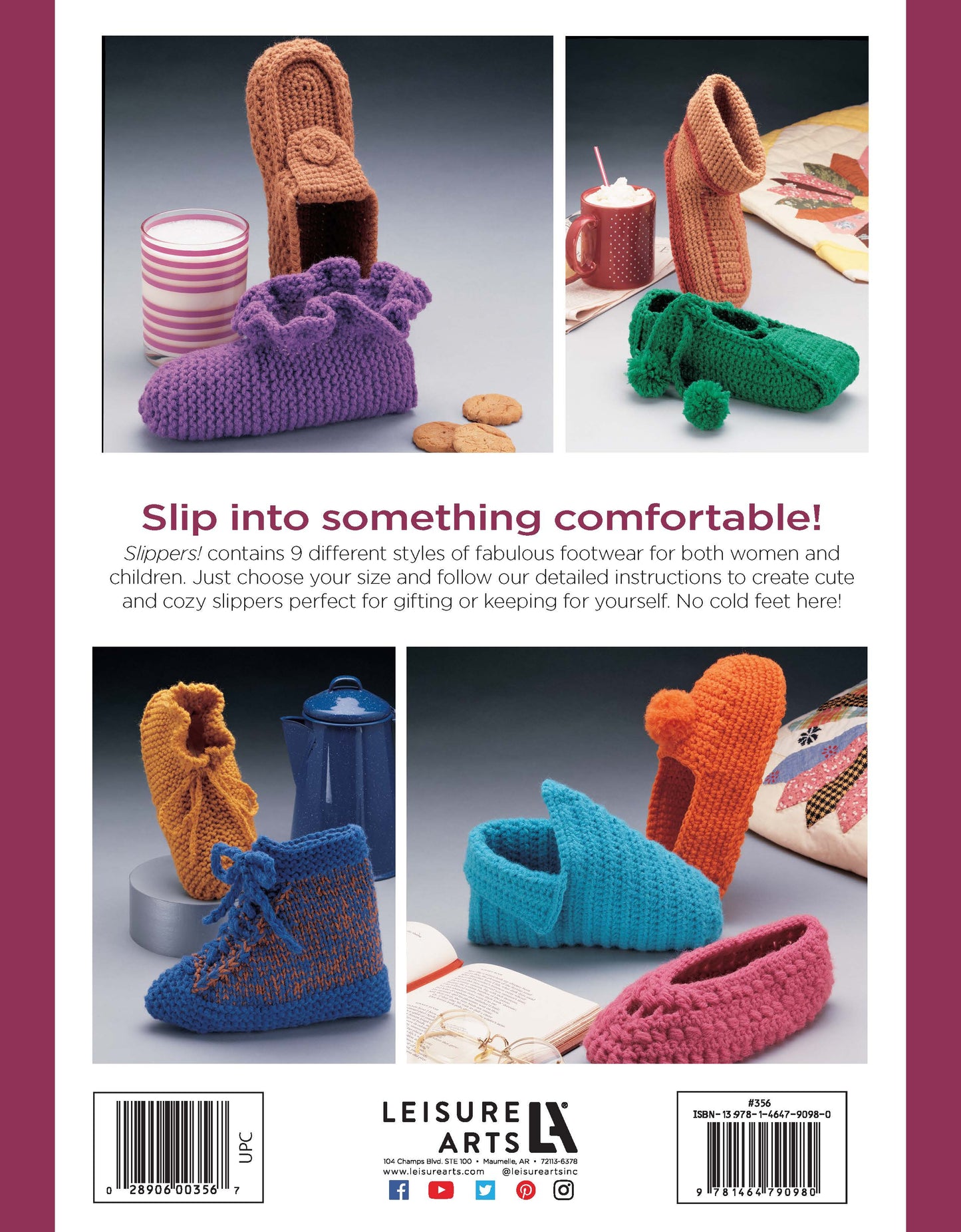 Four photos showcase slippers from Leisure Arts’ "Slippers!—9 Cozy Projects to Knit and Crochet," featuring vibrant, hand-knitted styles for women and children, displayed on books and baskets—perfect inspiration for makers of all ages.