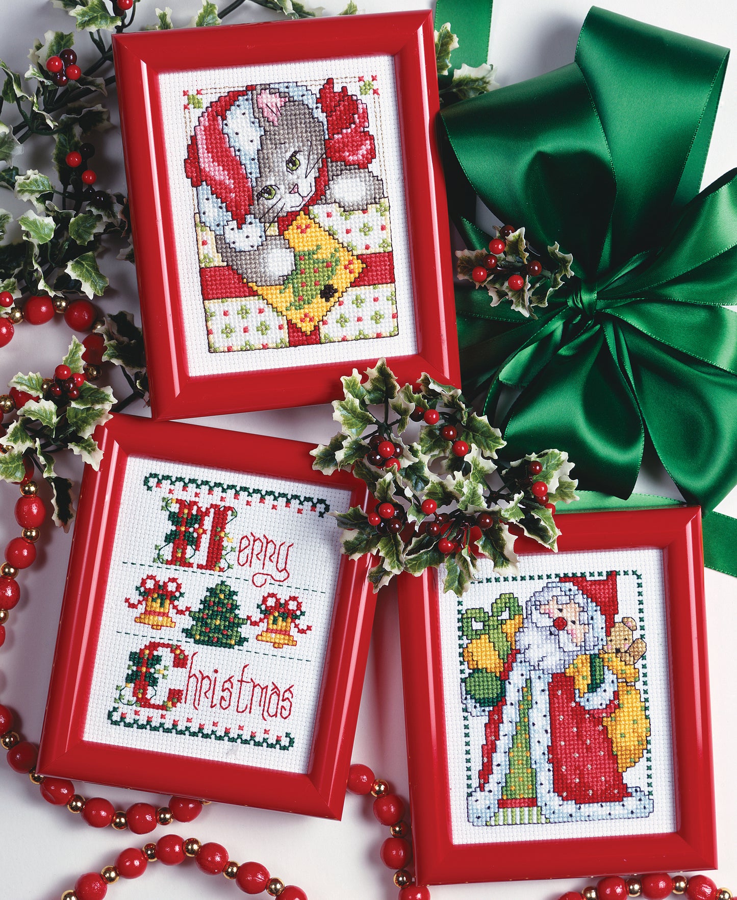 Discover Embroider Fast & Festive 50 Christmas Designs Digital Download by Leisure Arts, featuring beginner-friendly patterns like a kitten in a Santa hat, Merry Christmas text with festive motifs, and Santa—ideal for handmade holiday gifts.