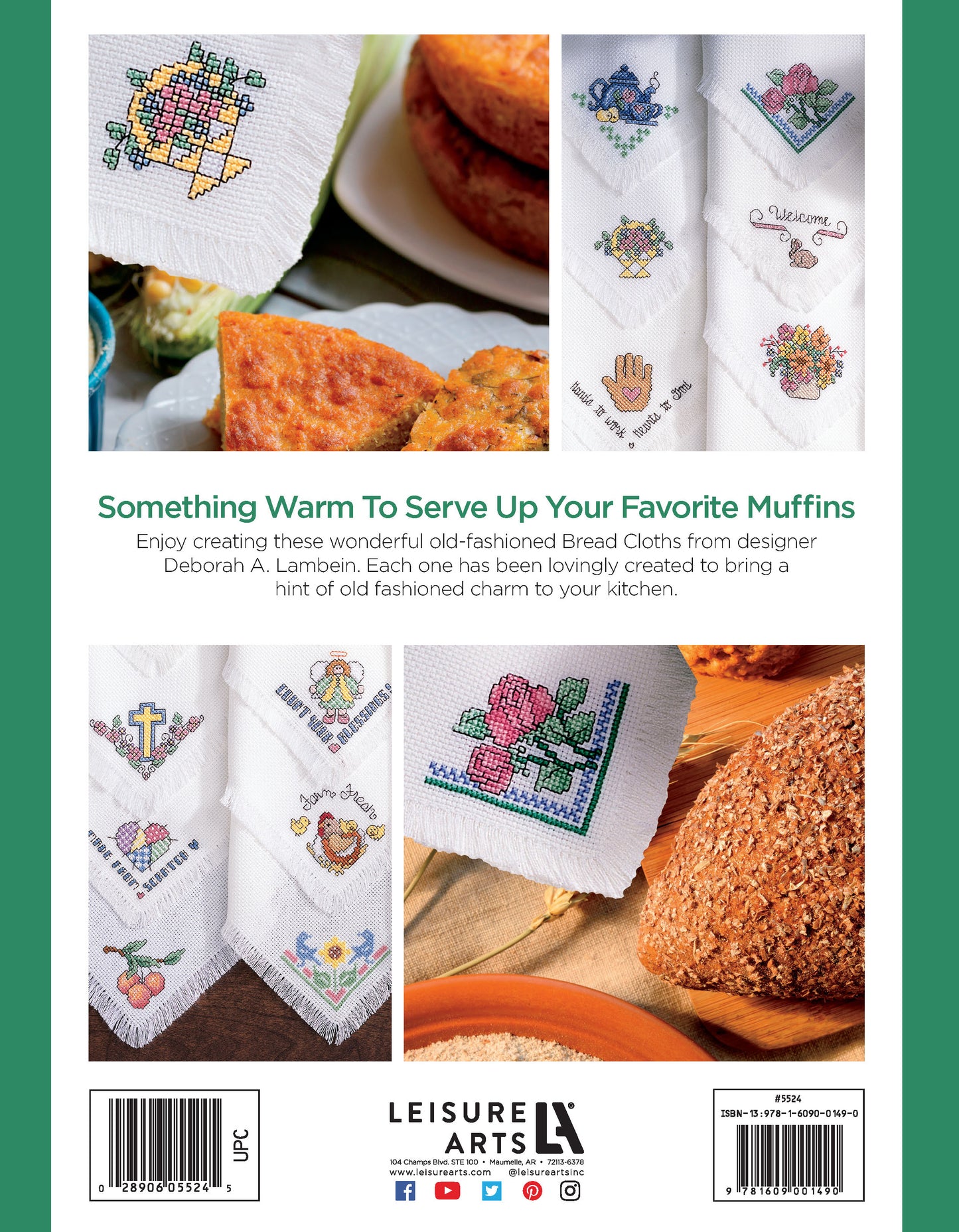 Four photos display Leisure Arts' "Easy Bread Cloths Digital Download," featuring cross-stitched bread cloths with floral, fruit, and kitchen motifs shown with bread and muffins. A teal banner describes the cloths and names the designer.