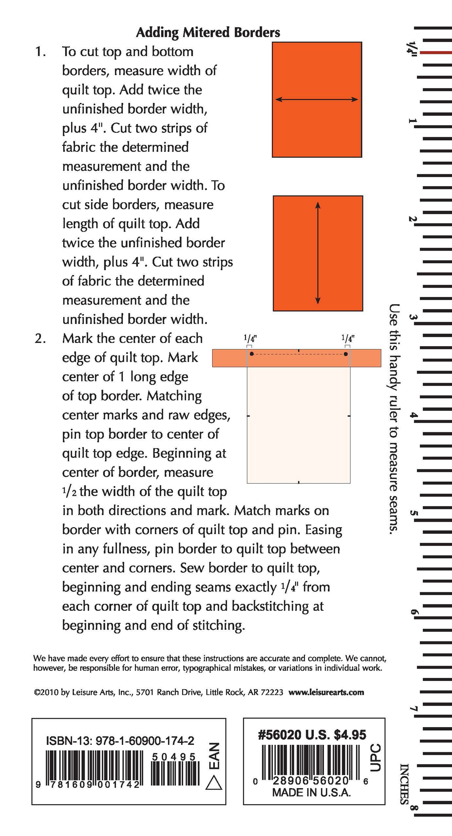 The Quilting Basics Pocket Guide Digital Download from Leisure Arts provides step-by-step instructions with text and diagrams for measuring, marking, and sewing mitered borders on quilts. Ruler use and seam markings are illustrated.