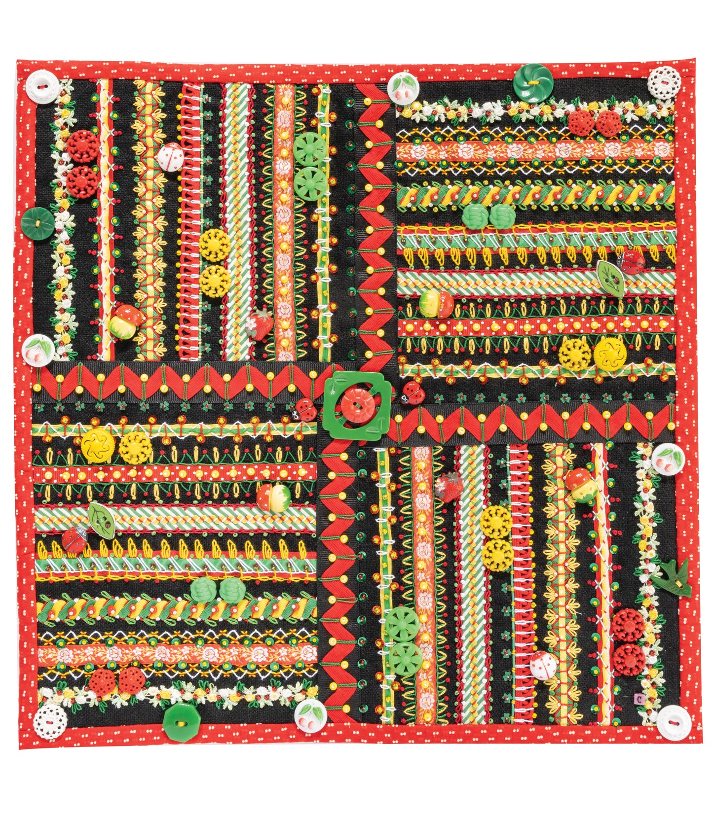 Creative Embroidery, Mixing the Old with the New Digital Download by C&T Publishing features a vibrant square patchwork quilt with red, green, yellow, and black strips, vintage accents, four sections, and a red polka-dot border.
