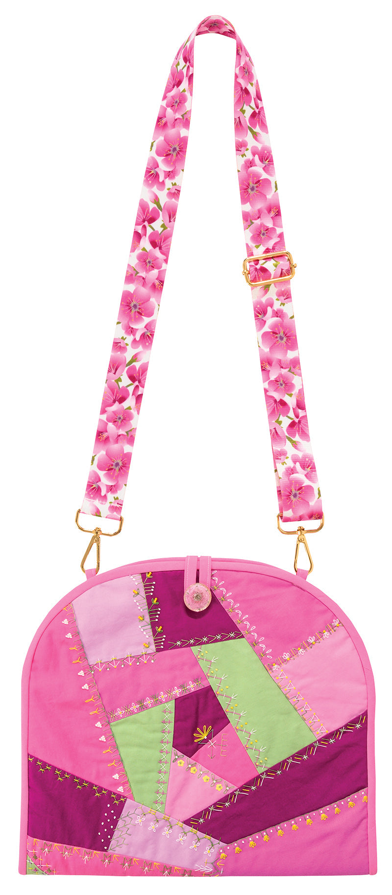 The Joyful Stitch Combinations Digital Download by C&T Publishing features a patchwork design in pink, green, and purple with embroidery-inspired decorative stitching and a floral strap.