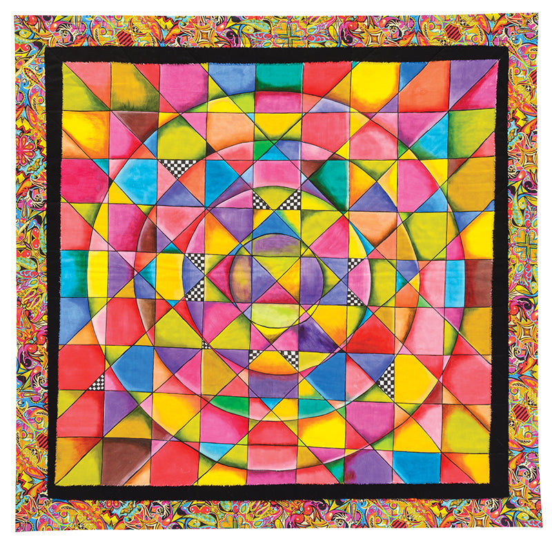 Foolproof Art Quilting Digital Download by C&T Publishing showcases vibrant geometric shapes, concentric circles, and triangles in a stained-glass style quilt, with a swirling paisley border highlighting unique art quilting techniques.