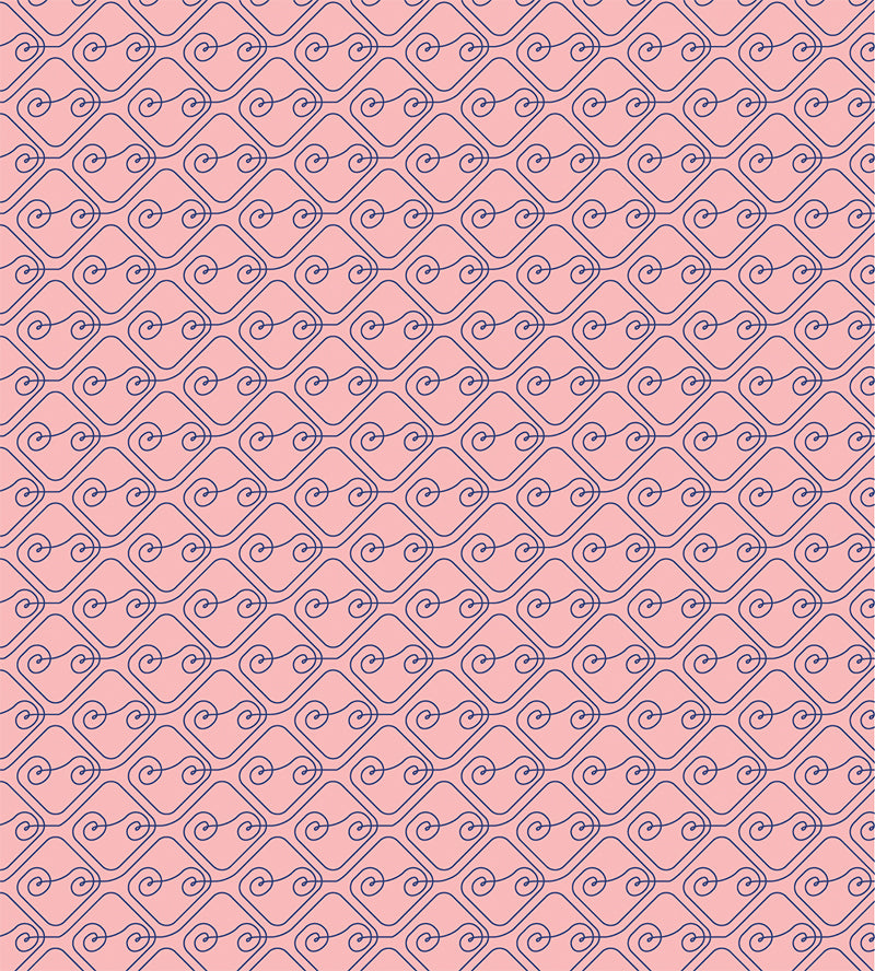 Quilting Rhythm Digital Download by Stash Books features navy blue swirling lines forming diamond shapes on a pink background, inspired by modern quilt patterns. This seamless, decorative design is perfect for quilting projects.