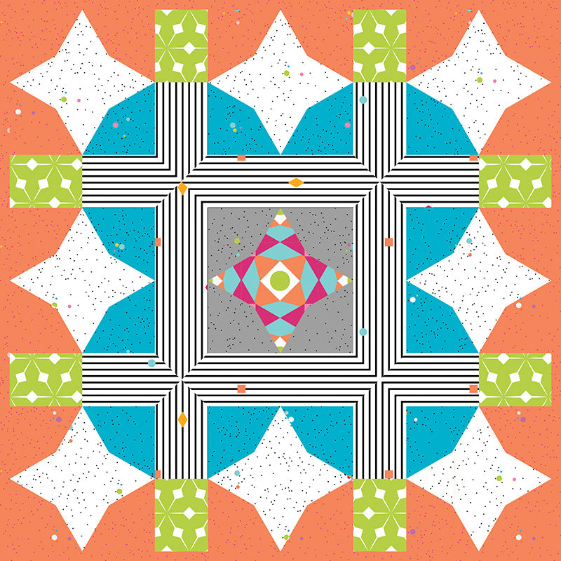 The Paper Caper Mini Quilts Digital Download by C&T Publishing features a vibrant geometric pattern with a central diamond, concentric shapes, black and white stripes, blue star motifs, green patterned squares, and an orange speckled background.