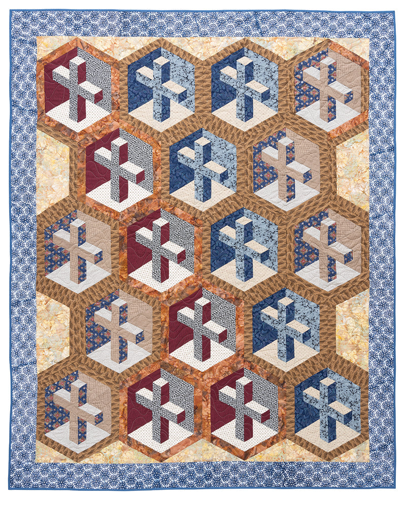 The Quilts of Praise Digital Download by C&T Publishing features a handmade quilt with blue, red, and brown hexagons, each showcasing geometric cross designs. Bordered in blue and yellow, it's ideal for church decor or religious quilting projects.