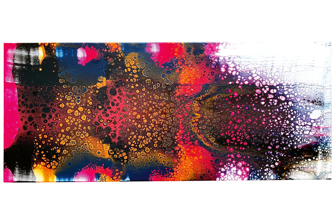 Discover "Acrylics in Action! Digital Download" by C&T Publishing—an abstract artwork with lively splashes of pink, orange, black, and white plus bubble-like patterns for dynamic, organic texture using creative acrylic techniques.