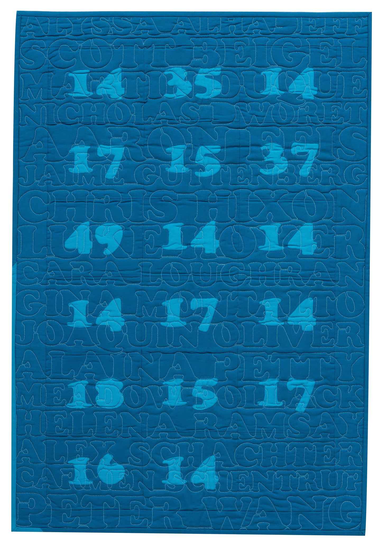 The Quilt Out Loud Digital Download by Stash Books features a blue quilt with bold light blue numbers—14, 25, 37, and 49—in rows and subtle uppercase quilted text in the background for a unique, blended statement.