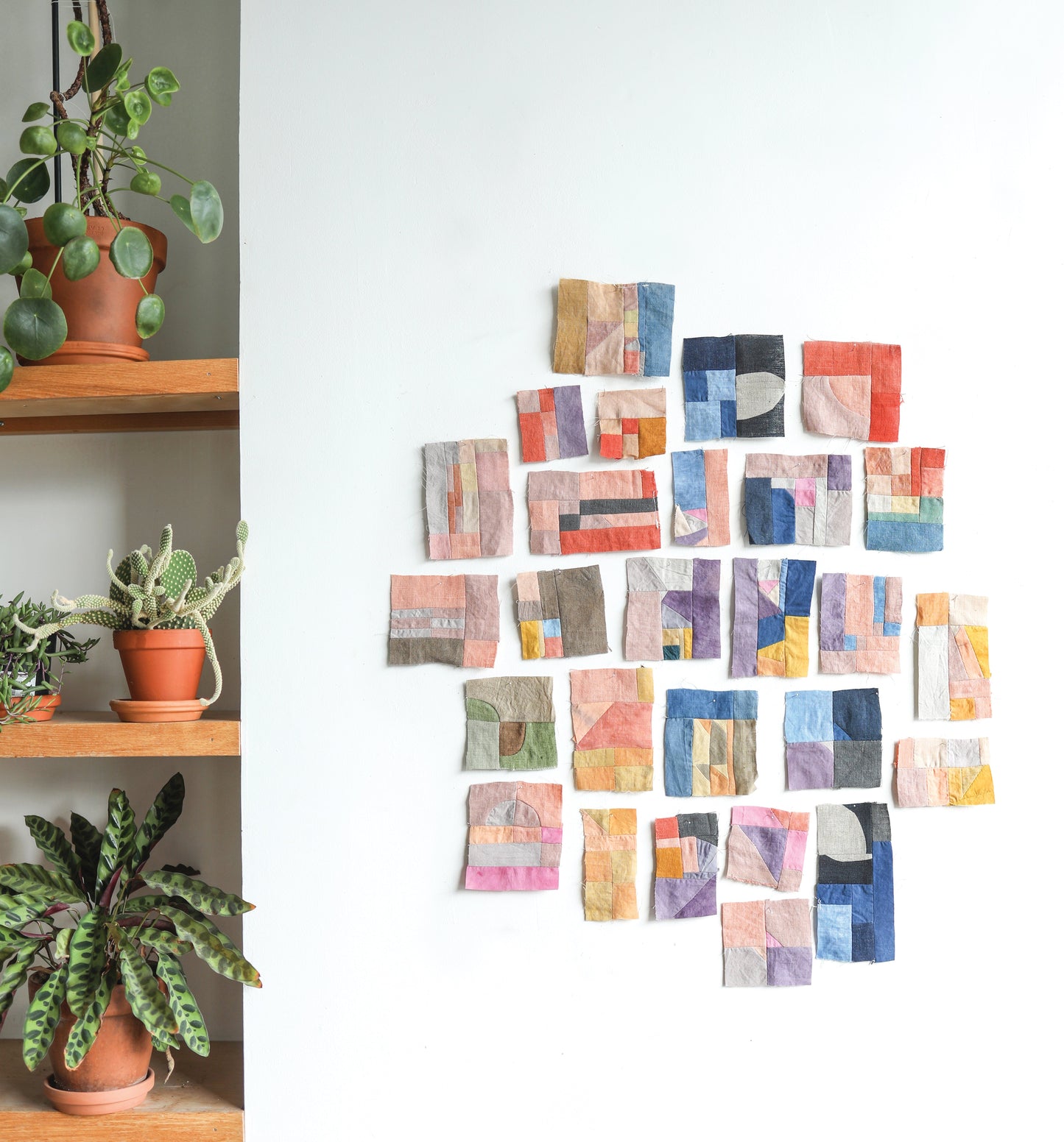 Contemporary Patchwork" by Stash Books features vibrant, abstract fabric squares in a grid on a white wall, while wooden shelves with leafy potted plants to the left add a fresh, natural accent to the modern display.