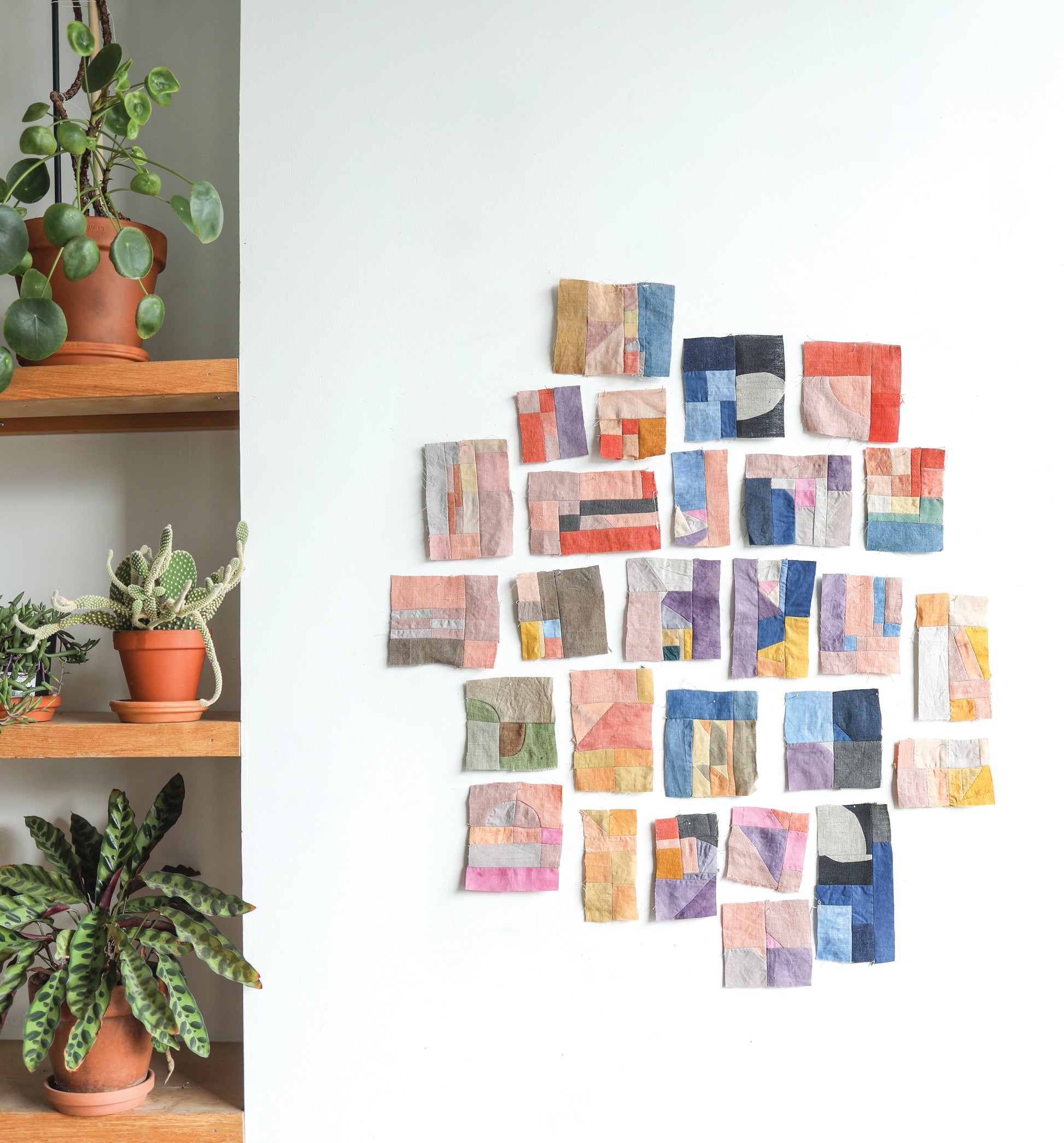 Contemporary Patchwork" by Stash Books features vibrant, abstract fabric squares in a grid on a white wall, while wooden shelves with leafy potted plants to the left add a fresh, natural accent to the modern display.
