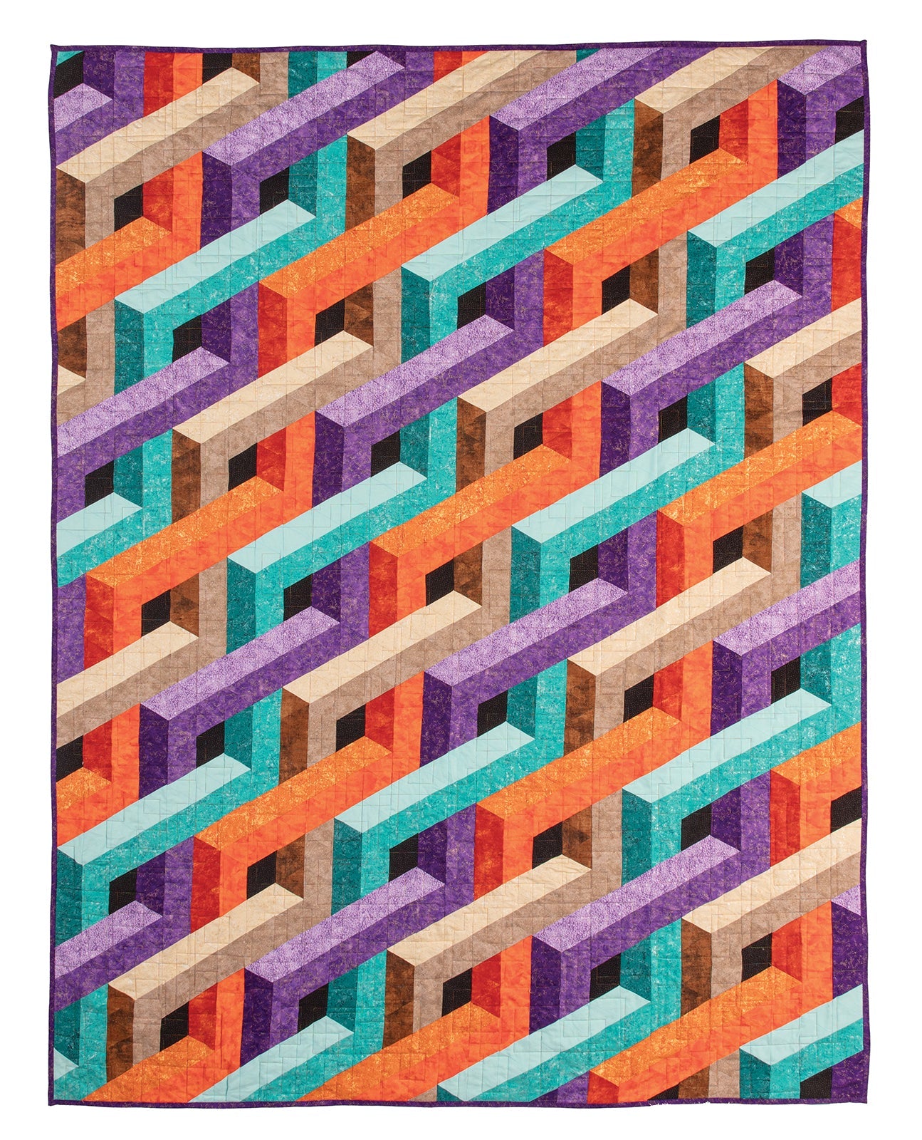 The 3-D Illusion Quilts Simplified Digital Download from C&T Publishing features geometric, interlocking zigzag shapes in orange, teal, purple, brown, and blue for a vibrant 3D woven effect inspired by quilt patterns.
