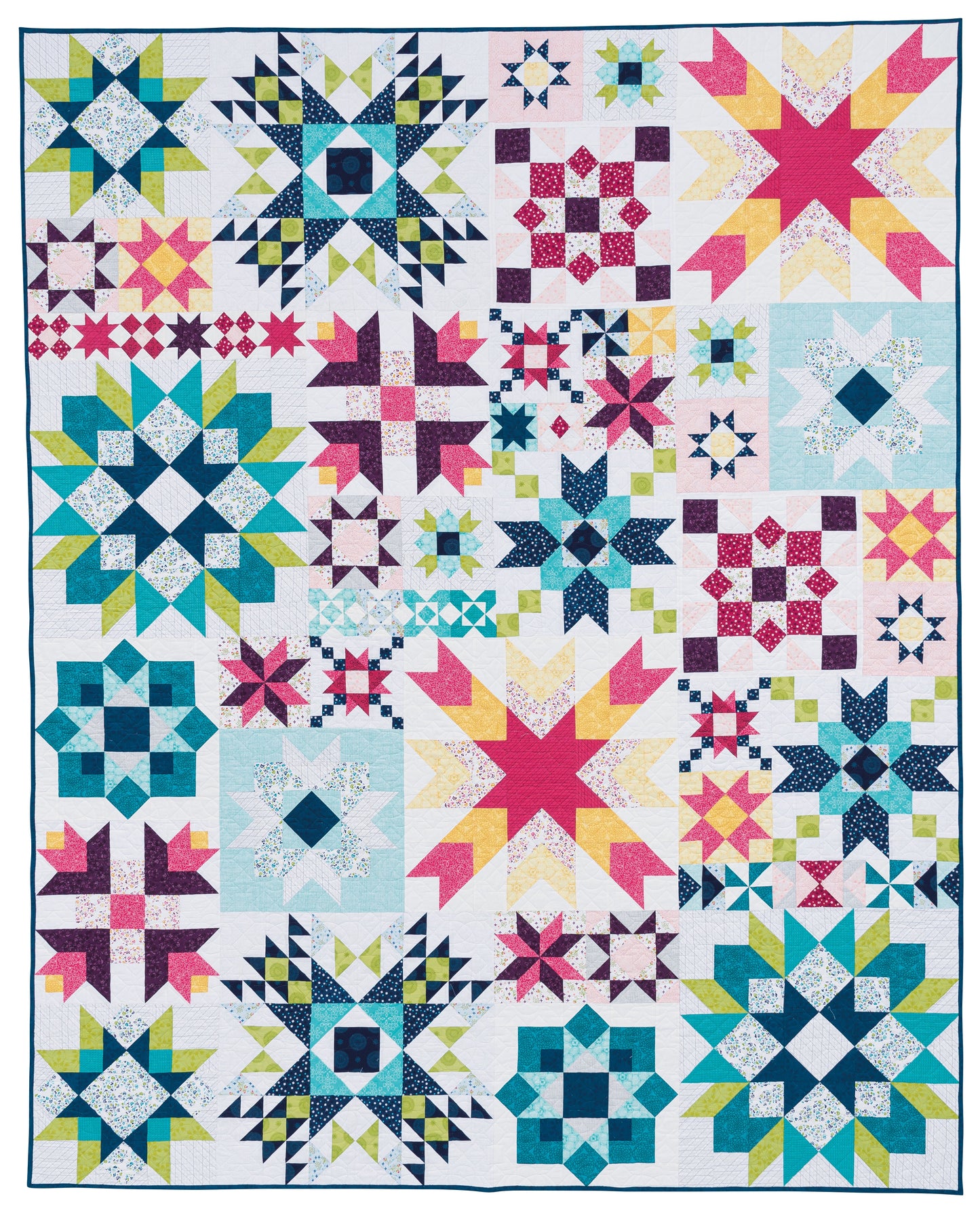The Barn Star Sampler Eco Tote by C&T Publishing features a vibrant patchwork of geometric star patterns in blue, pink, yellow, green, and white—each block with a unique design—perfect for quilting inspiration.