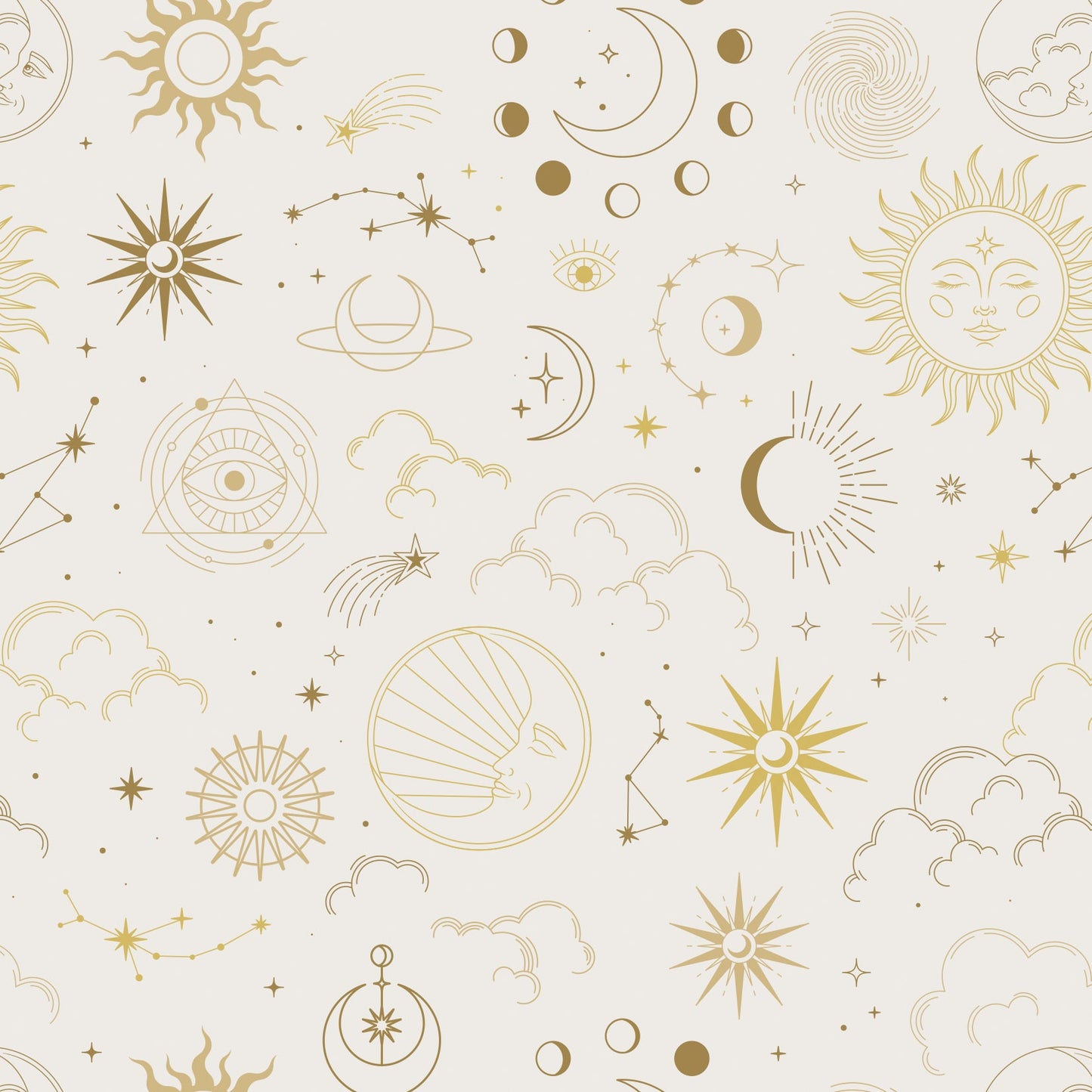 333 Origami Sheets Astro Magic Designs by C&T Publishing features seamless celestial motifs—suns, moons, stars, and more—in gold line art on a light background. Ideal for cosmo-themed origami and creative projects.