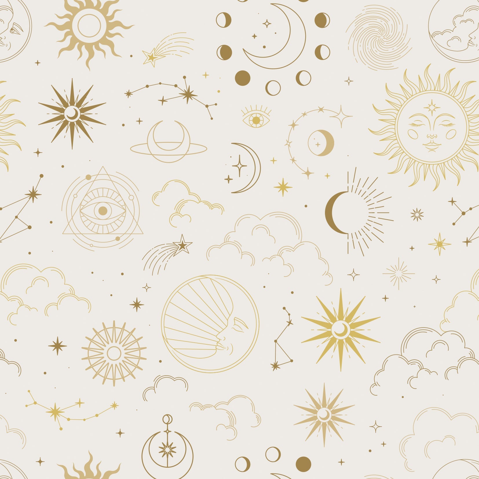 333 Origami Sheets Astro Magic Designs by C&T Publishing features seamless celestial motifs—suns, moons, stars, and more—in gold line art on a light background. Ideal for cosmo-themed origami and creative projects.