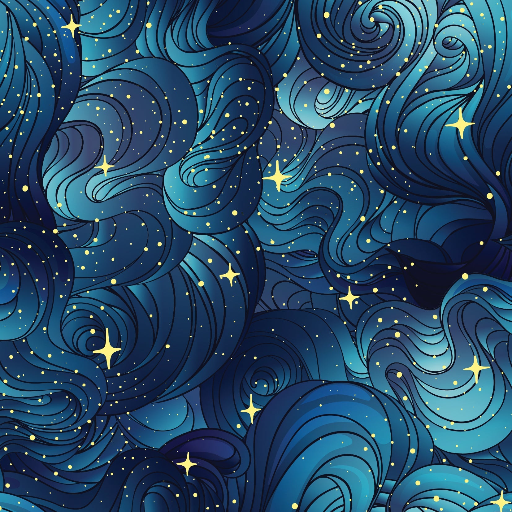 Abstract illustration for C&T Publishing's 333 Origami Sheets Astro Magic Designs: swirling blue and teal waves with yellow stars, evoking a dreamy night sky and cosmic origami patterns, enhanced by gradient shading for depth and movement.