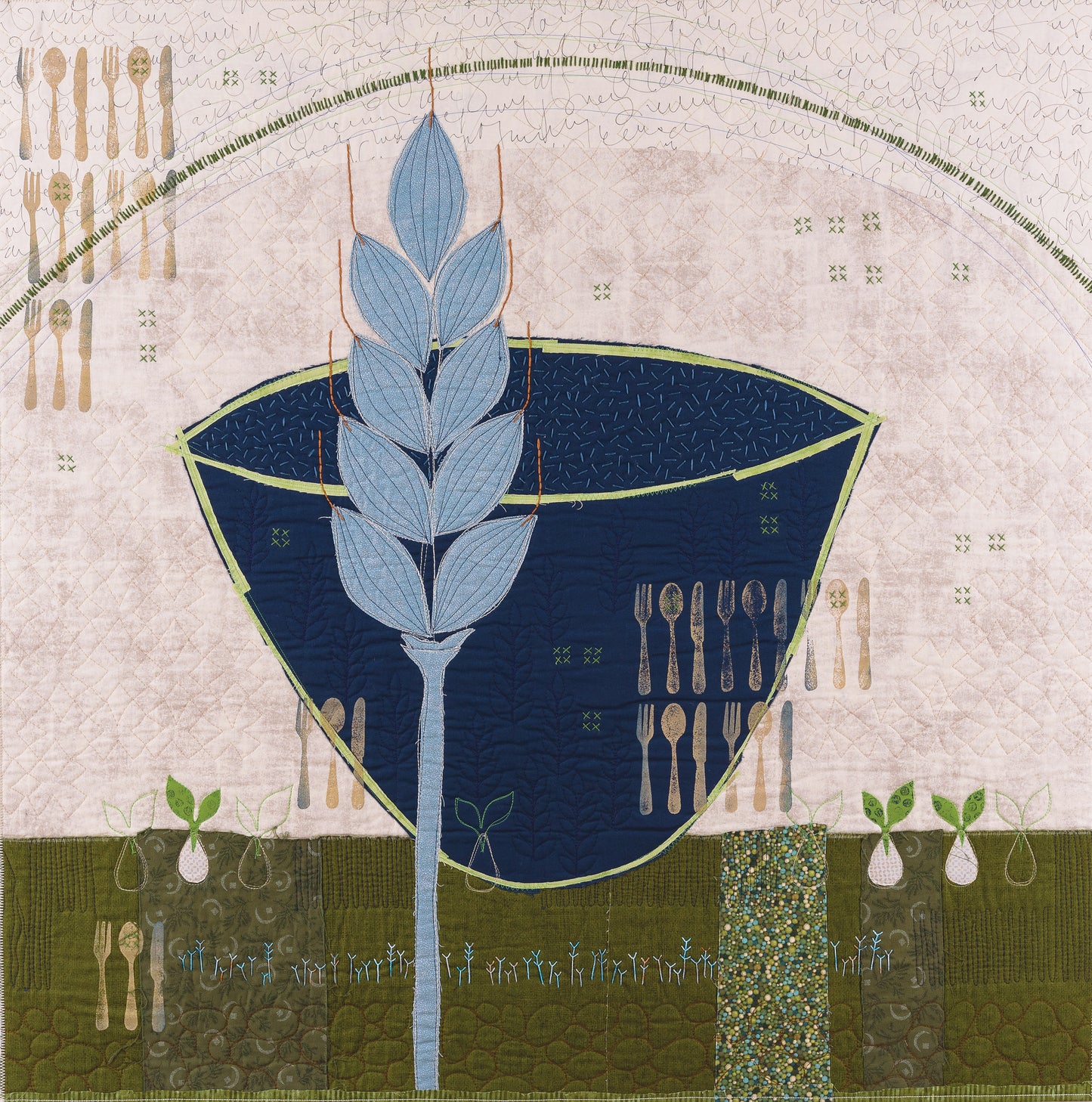 The Art Quilt Collage by C&T Publishing features a quilted blue bowl with a stylized plant, sprouting seeds, patterned utensils, handwritten text in the background, and green earth-toned sections below.
