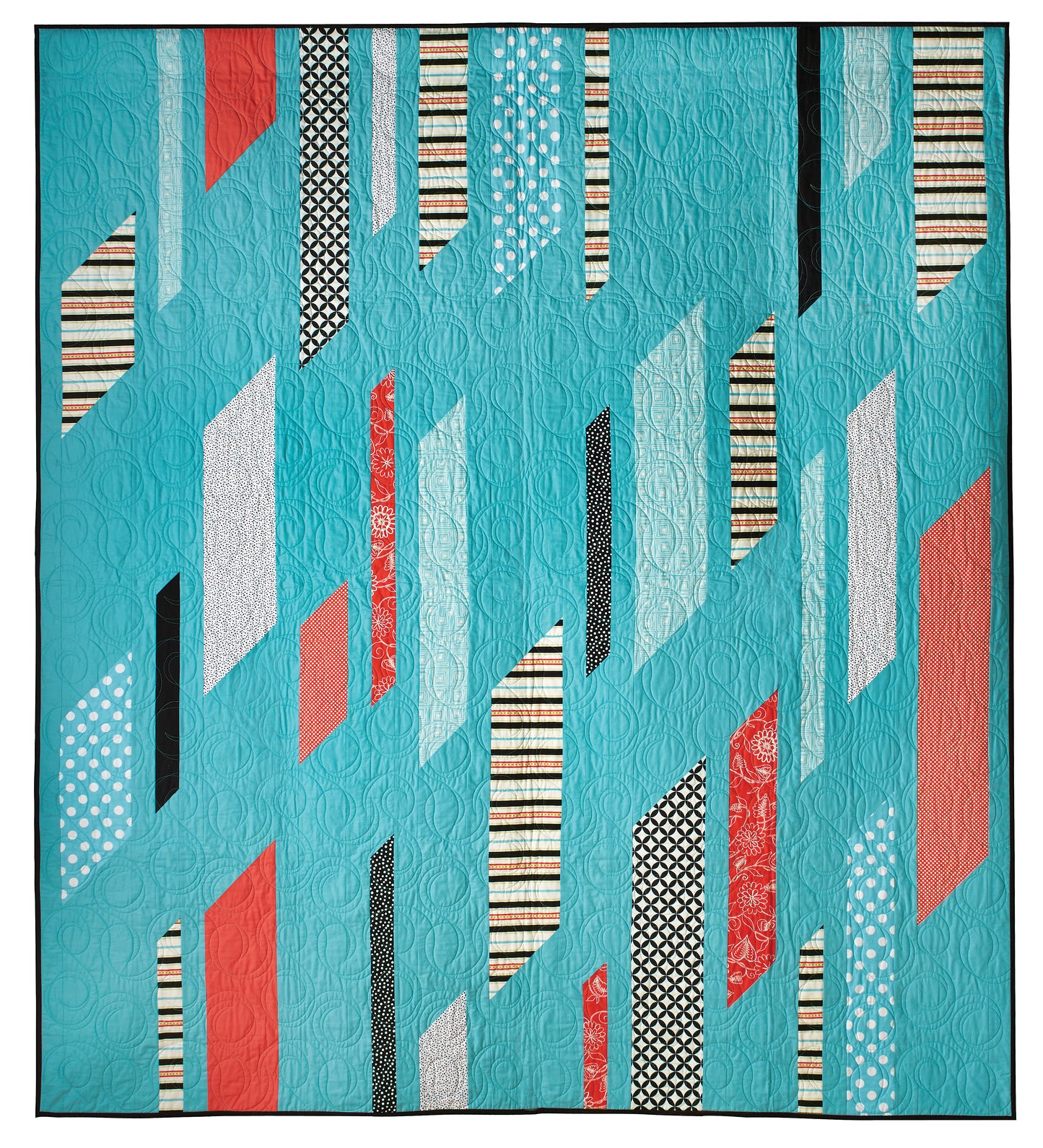 Quick Column Quilts by C&T Publishing features a vibrant turquoise quilt with geometric shapes in red, black, white, and patterned fabrics laid out diagonally—a stunning showcase of modern quilting techniques.