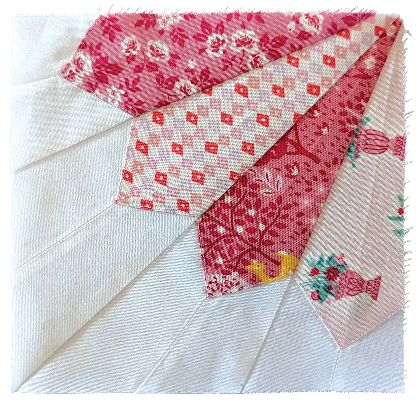 Create stunning quilt blocks with the Sew Very Easy Dresden Fan Template by C&T Publishing. Featuring pink, red, and patterned pieces in a fan shape on white, it's perfect for precuts and highlights floral and geometric prints.
