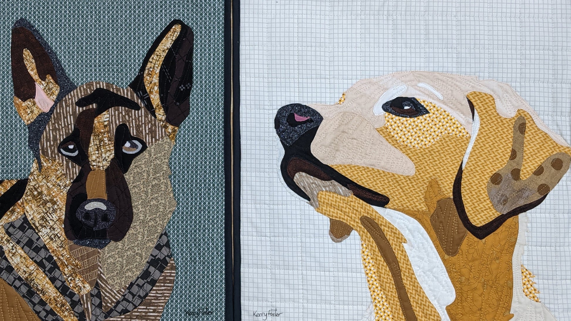 Creative Spark’s Paint By Number Quilts: Dog Portraits features two quilted dog portraits—a German Shepherd with turned edge appliqué on green and a yellow Labrador mini quilt on a white grid-patterned background.