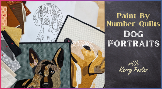 A selection of dog quilt portraits, fabric pieces, and a pattern sit on a table. Text reads: Paint By Number Quilts: Dog Portraits by Creative Spark, featuring turned edge appliqué and freezer paper techniques.