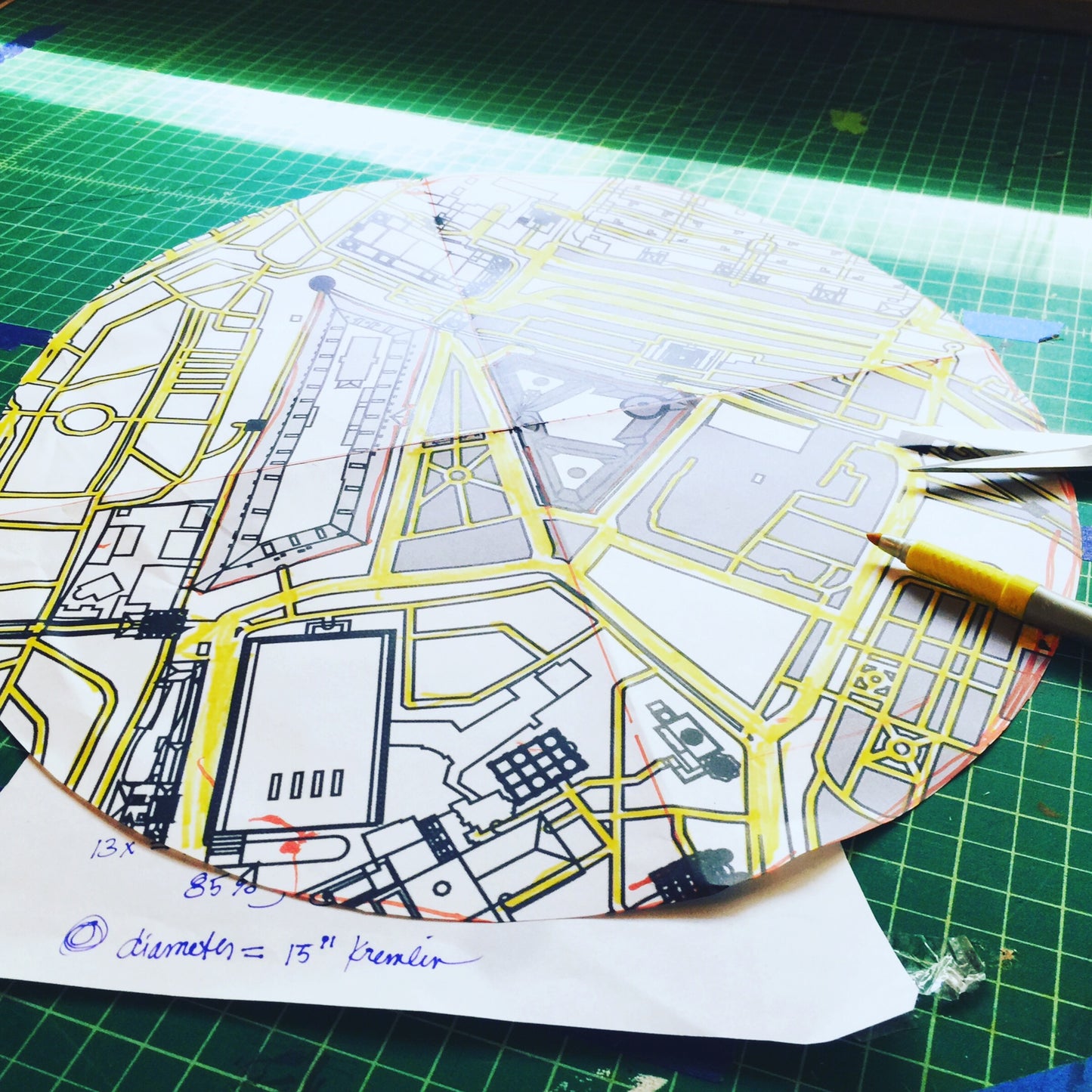 The Creative Spark "Mapping Personal Places" kit features a circular city map on a green cutting mat with a utility knife, ruler, glue stick, and notes—perfect for mixed media art or collage projects in progress.