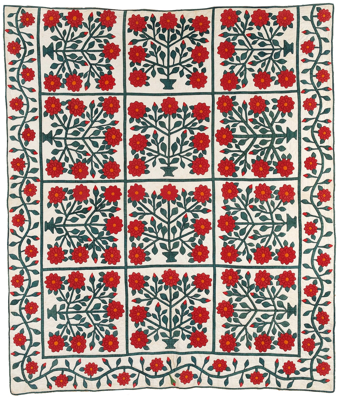 Creative Spark’s Red & Green Quilts: Historical Lecture explores classic red floral grids with green stems and wavy vine borders, reflecting quilt history valued by Lori Lee Triplett.
