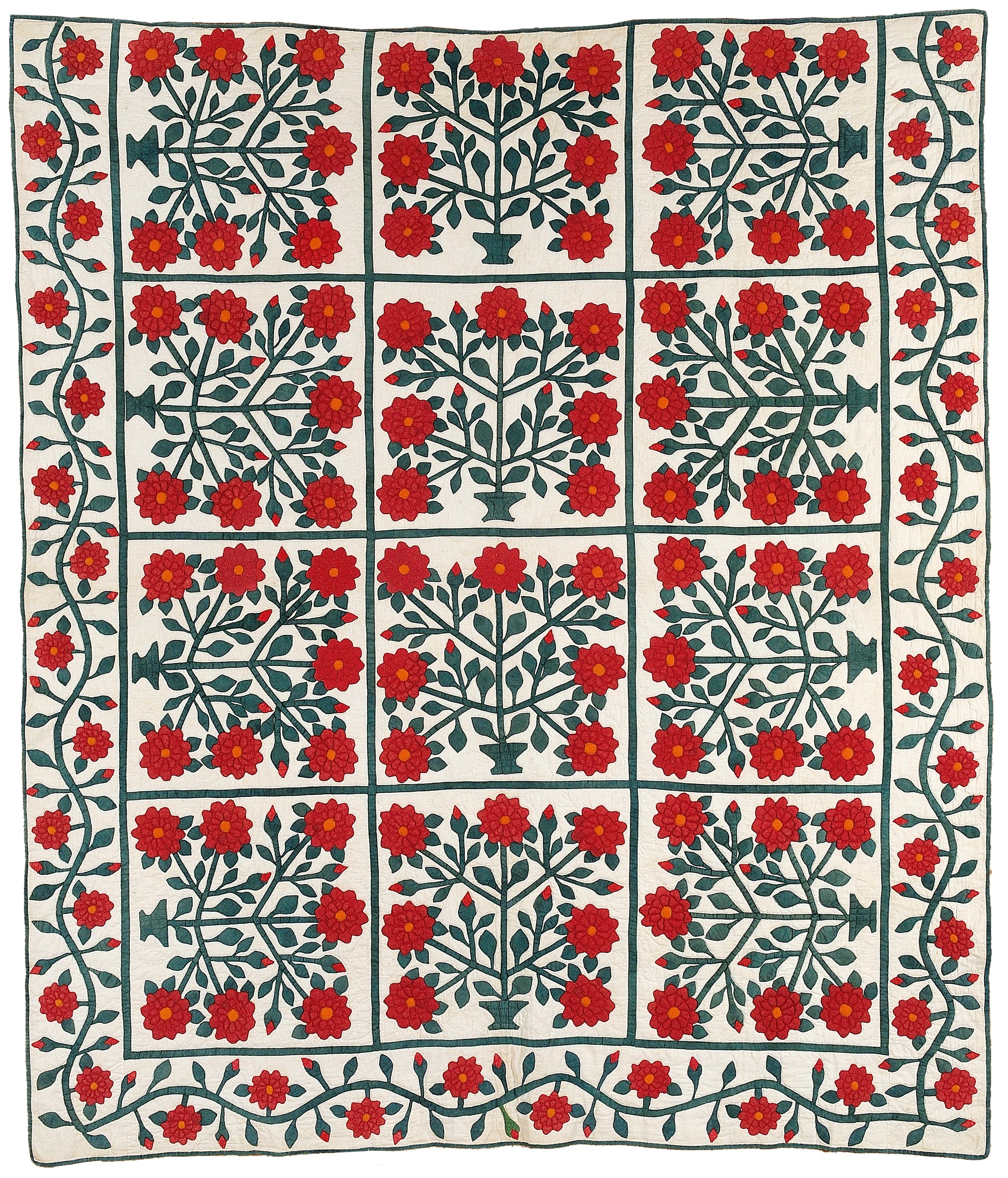 Creative Spark’s Red & Green Quilts: Historical Lecture explores classic red floral grids with green stems and wavy vine borders, reflecting quilt history valued by Lori Lee Triplett.