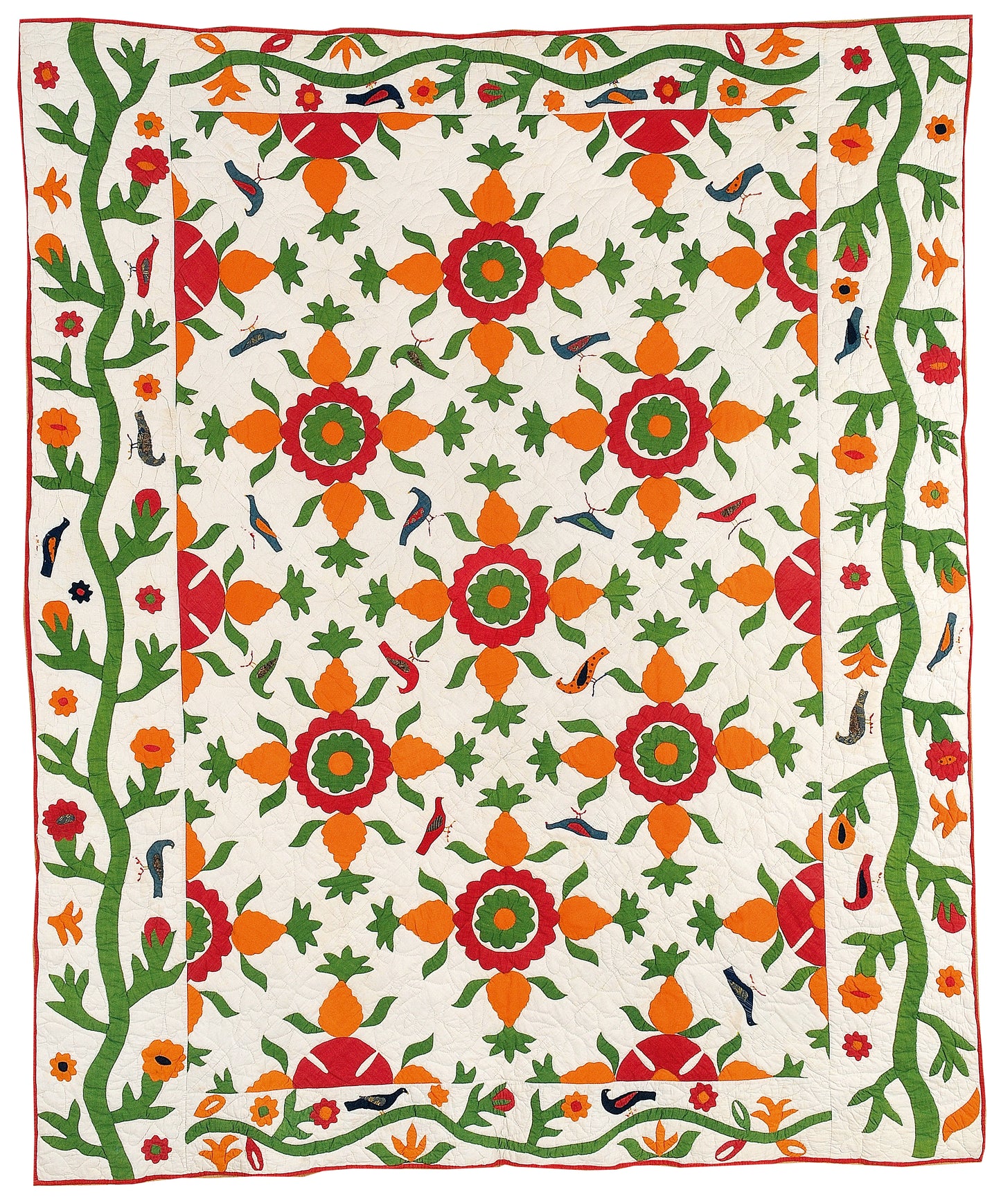 Red & Green Quilts: Historical Lecture by Creative Spark explores the vibrant style of red and green quilts in history, featuring Lori Lee Triplett and patterns with lively birds, flowers, stems, and leaves on a white background.