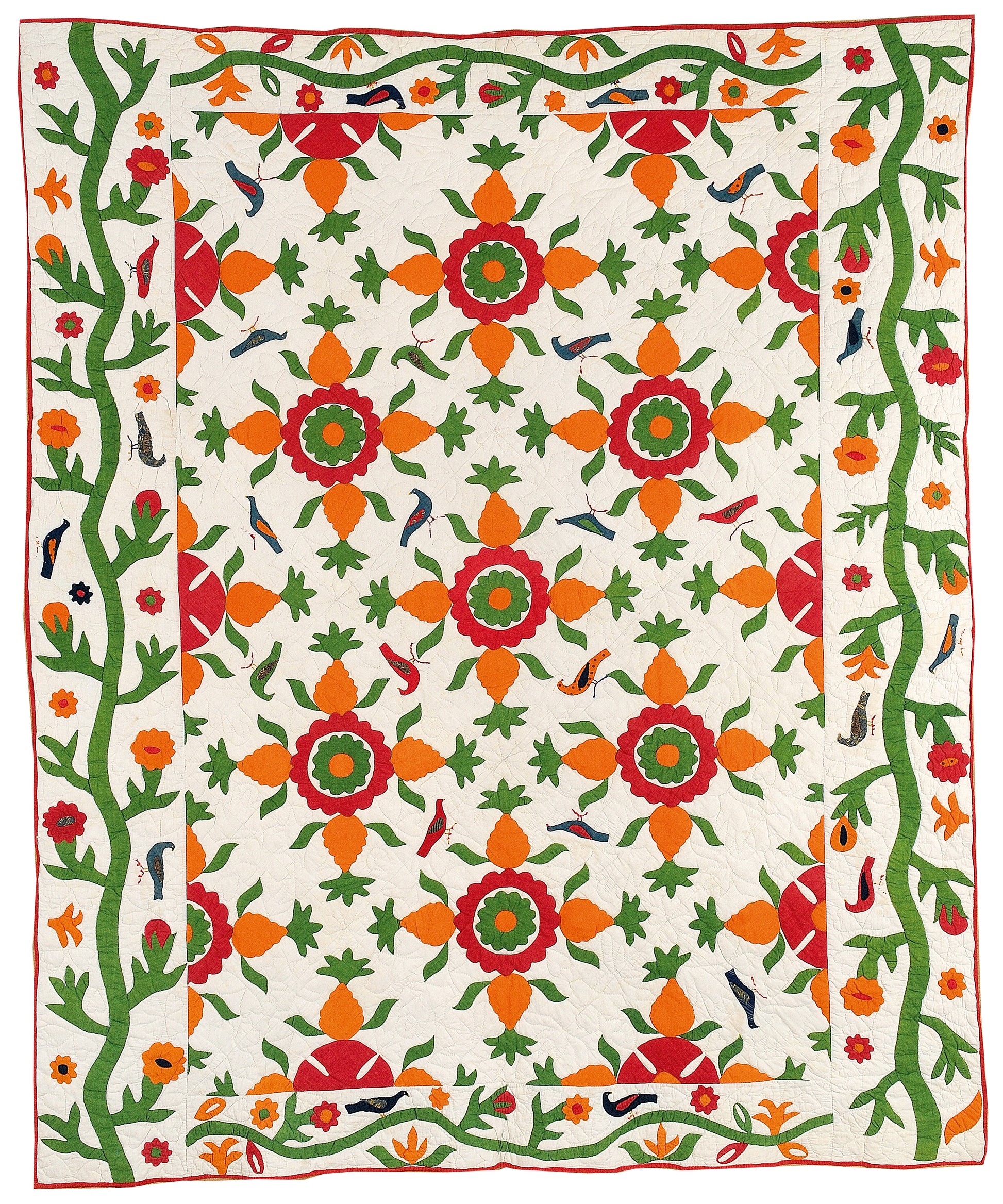 Red & Green Quilts: Historical Lecture by Creative Spark explores the vibrant style of red and green quilts in history, featuring Lori Lee Triplett and patterns with lively birds, flowers, stems, and leaves on a white background.