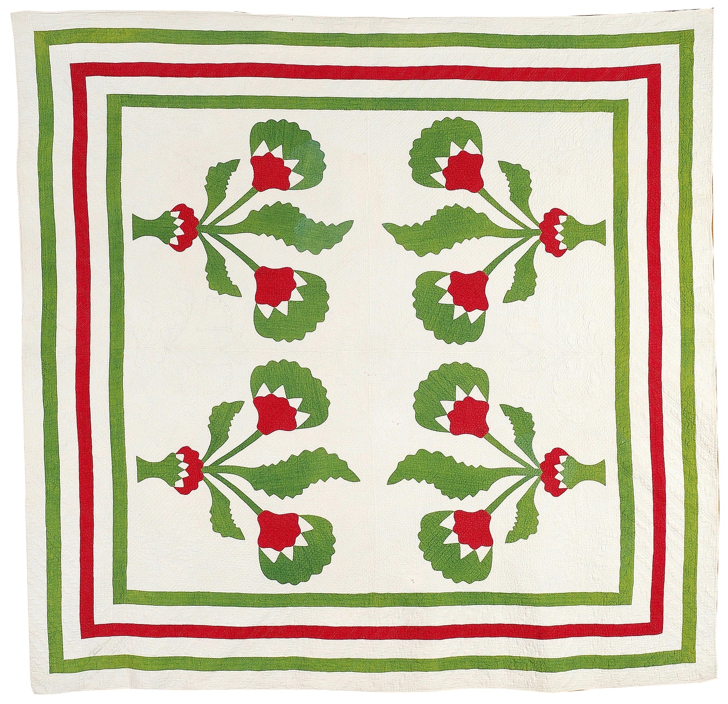The Creative Spark "Red & Green Quilts: Historical Lecture" features classic quilts with white backgrounds, four green and red floral motifs, large leaves, red flowers, and striped borders—showcasing timeless quilt history influences.