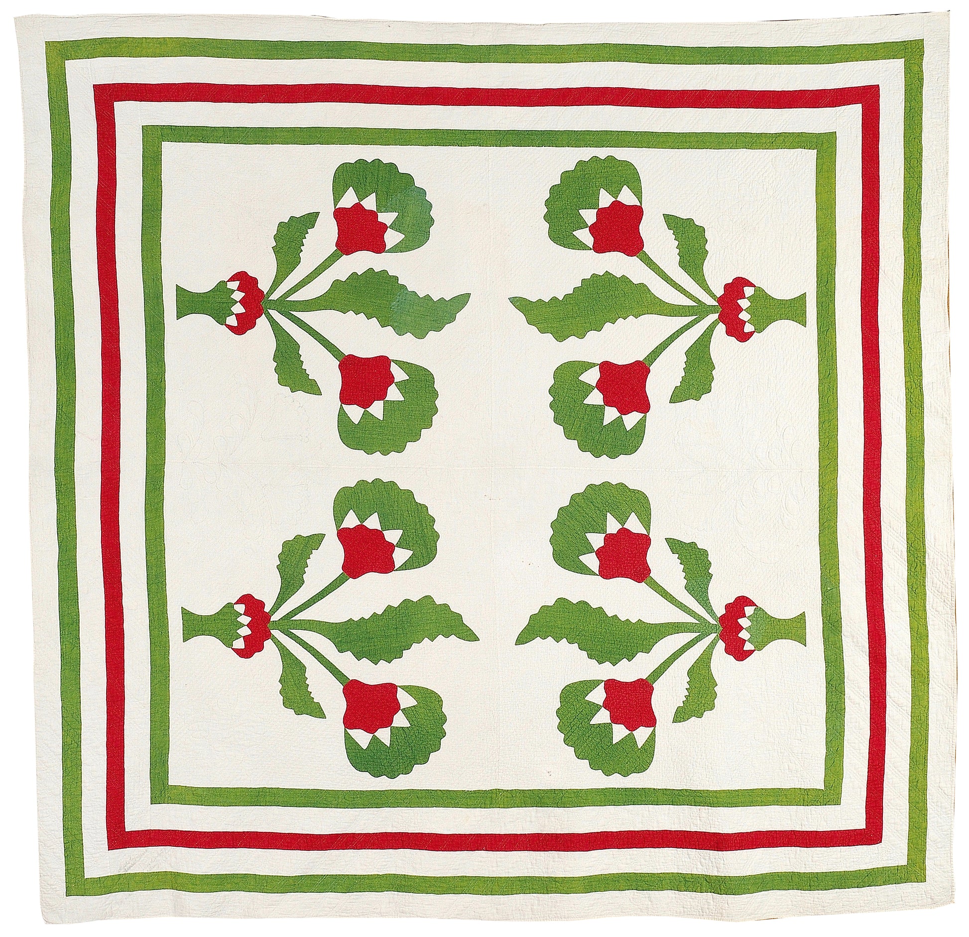 The Creative Spark "Red & Green Quilts: Historical Lecture" features classic quilts with white backgrounds, four green and red floral motifs, large leaves, red flowers, and striped borders—showcasing timeless quilt history influences.